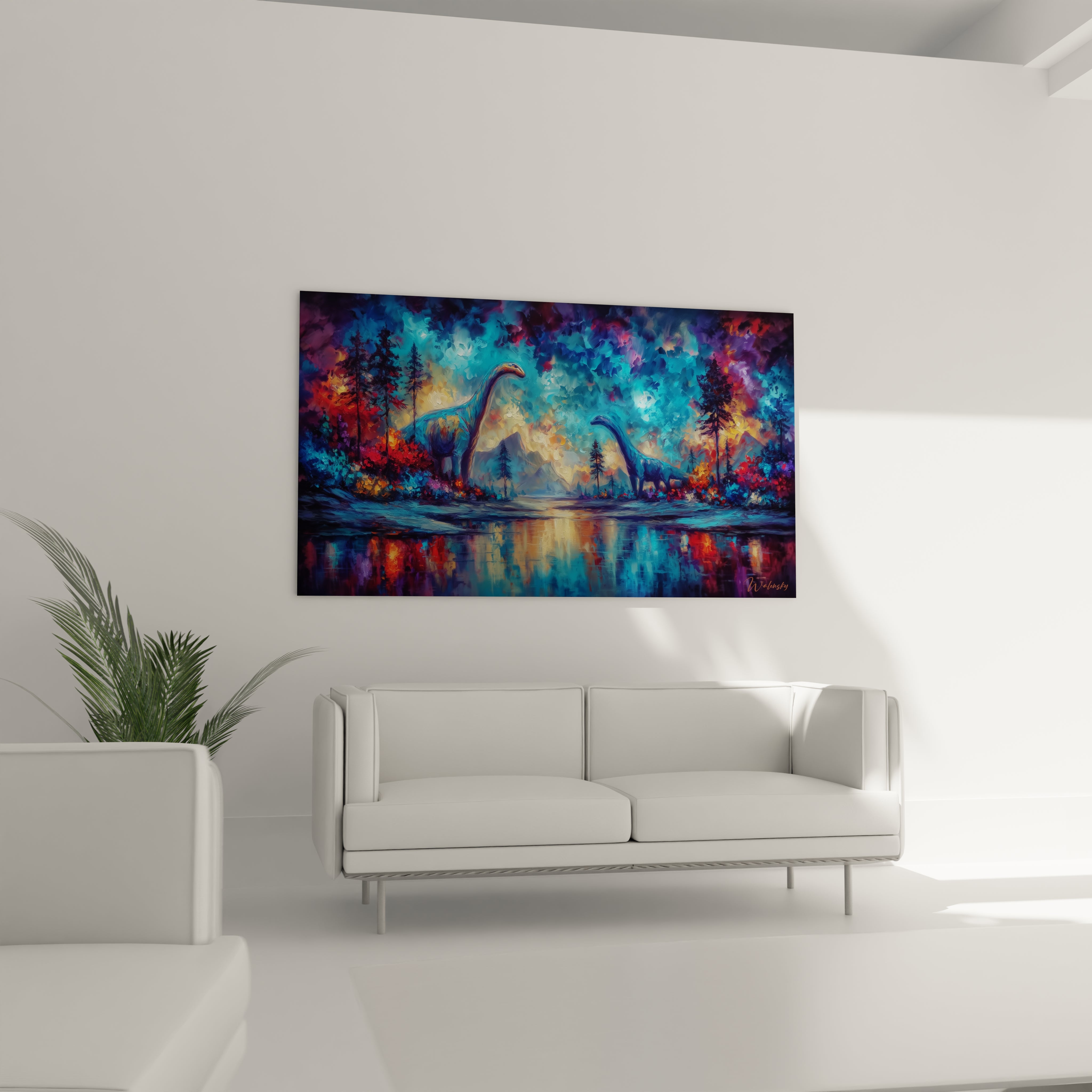 Gros plan tableau brontosaures détails peinture, couleurs vives bleu violet orange art dinosaure qualité