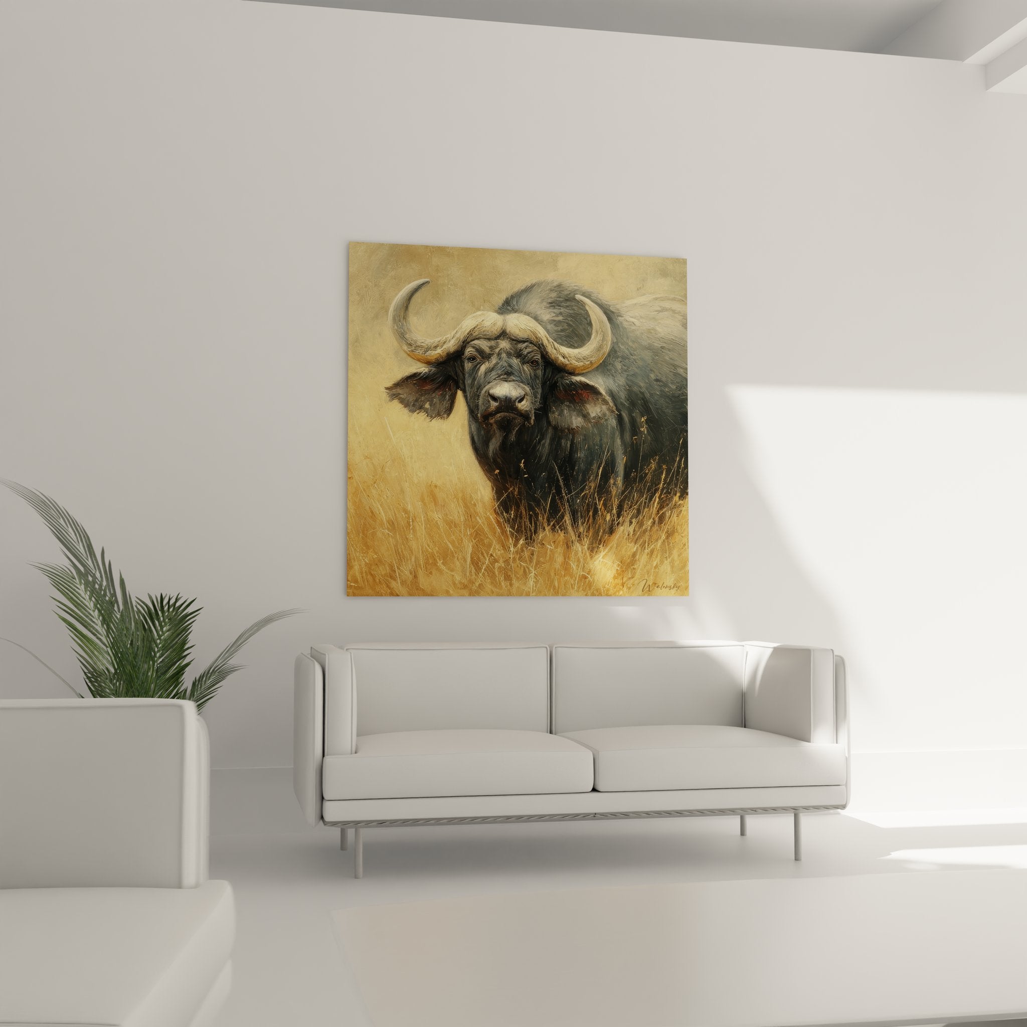 Gros plan tableau buffle aux cornes imposantes - détails peinture animalière réaliste