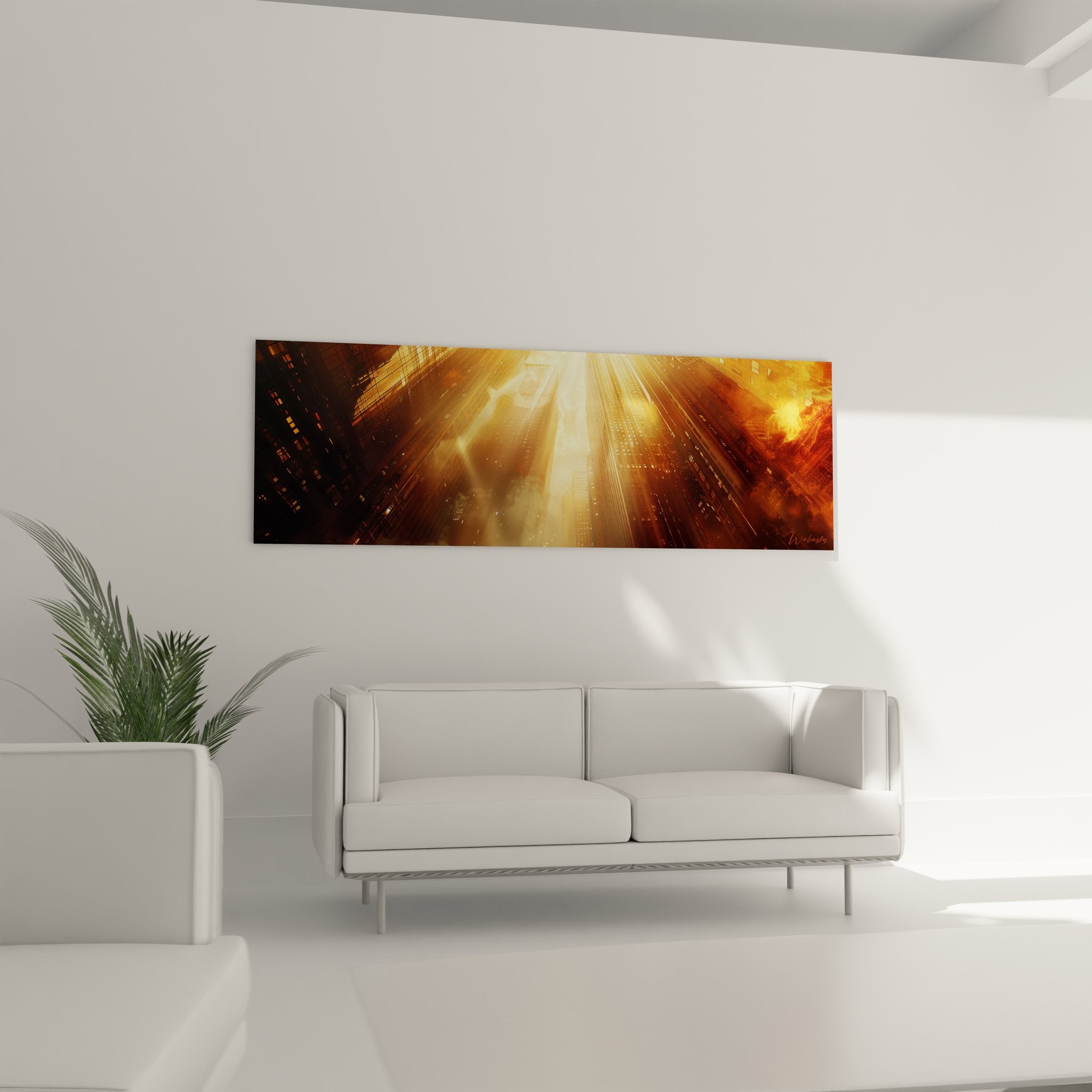 Gros plan tableau Manhattan buildings illuminés détails architecturaux lumière dorée