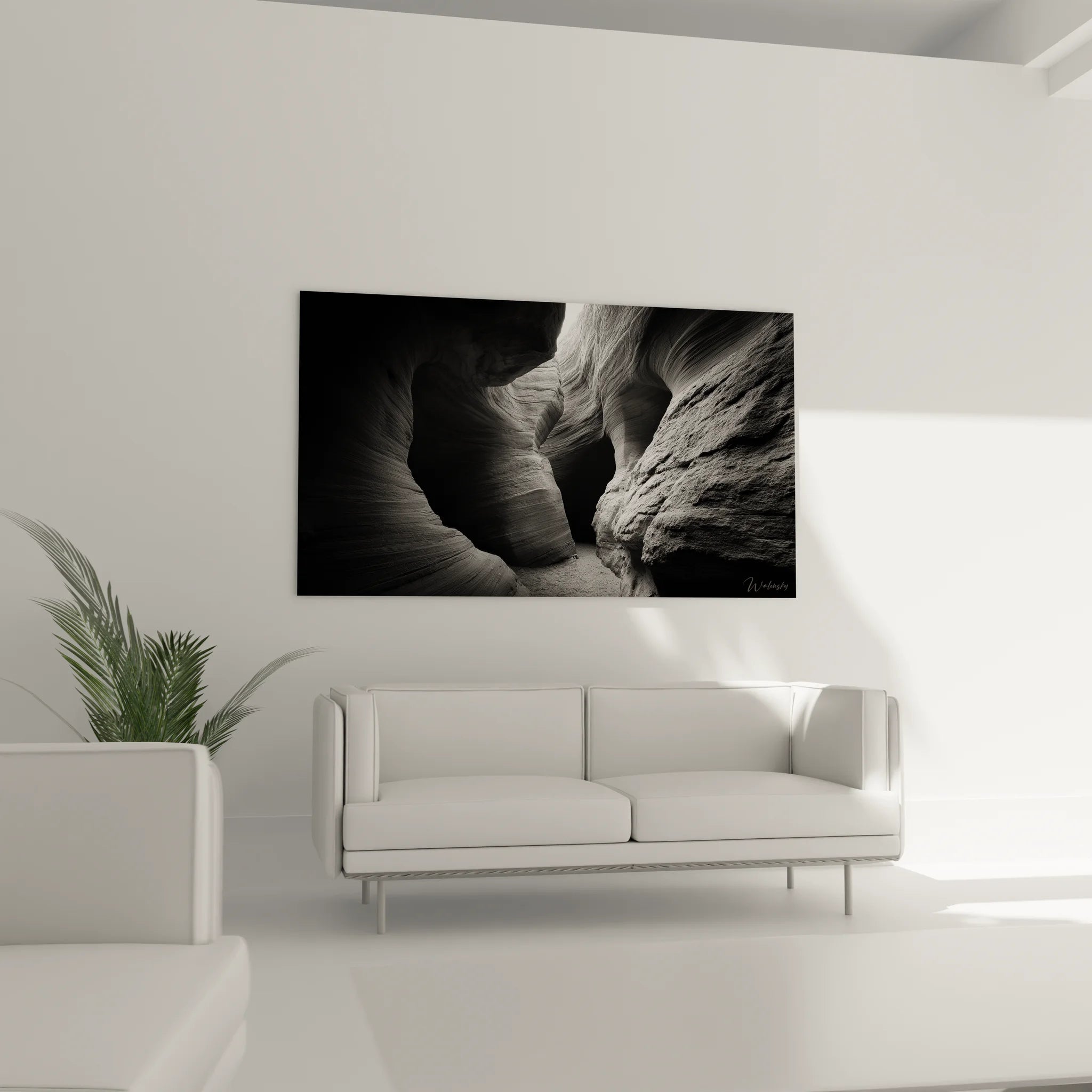 Gros plan sur les détails du tableau canyon montrant les textures rocheuses en noir et blanc