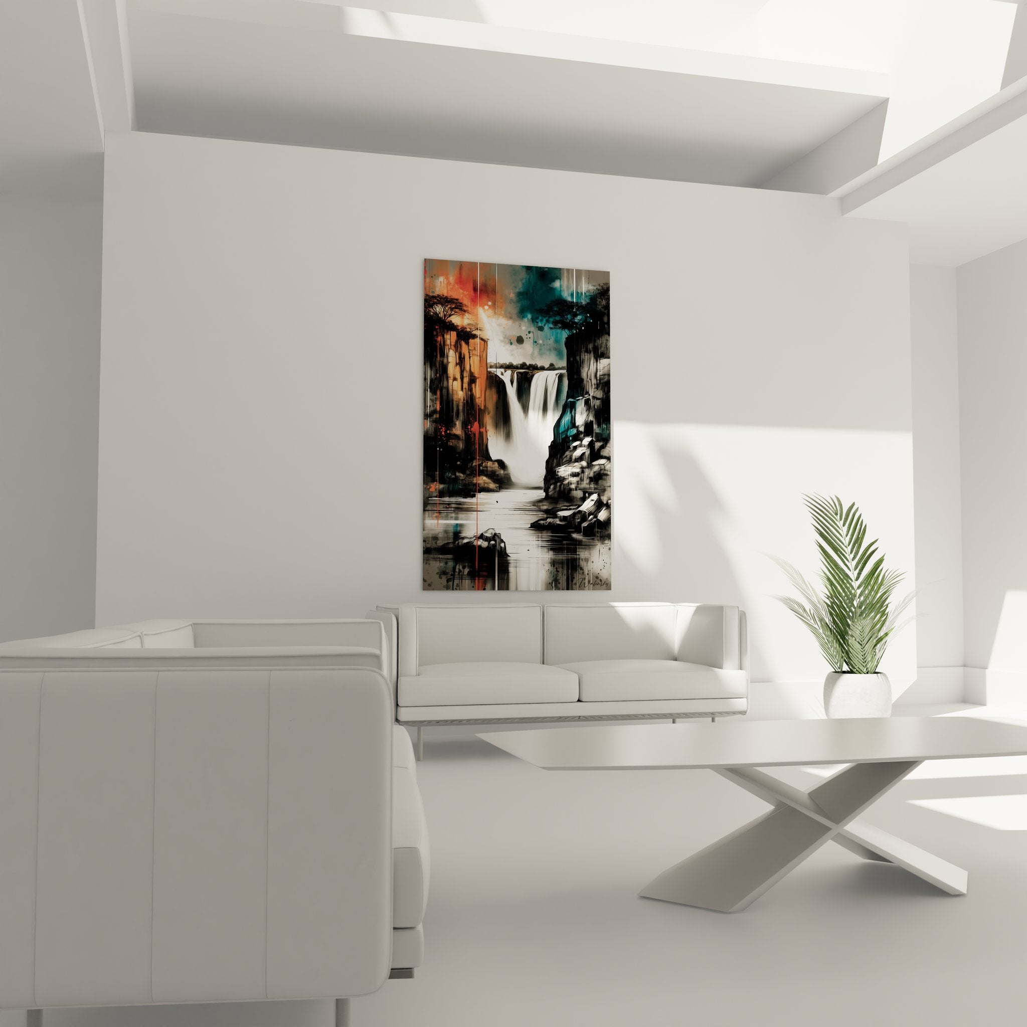 Détail gros plan tableau cascade abstraite, textures artistiques et effets de matière modernes
