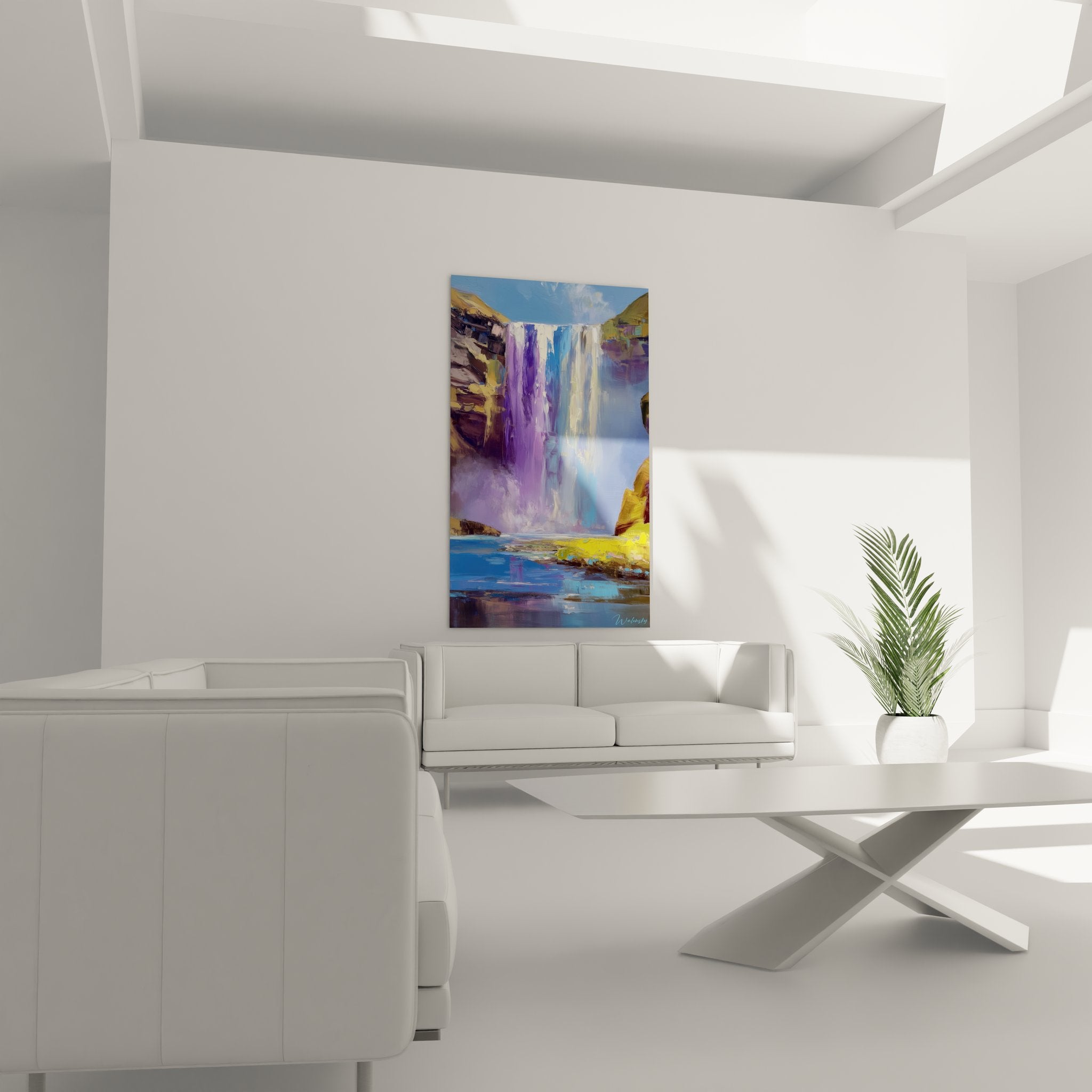 Gros plan tableau cascade violette, détails peinture chute d'eau aux couleurs fantastiques