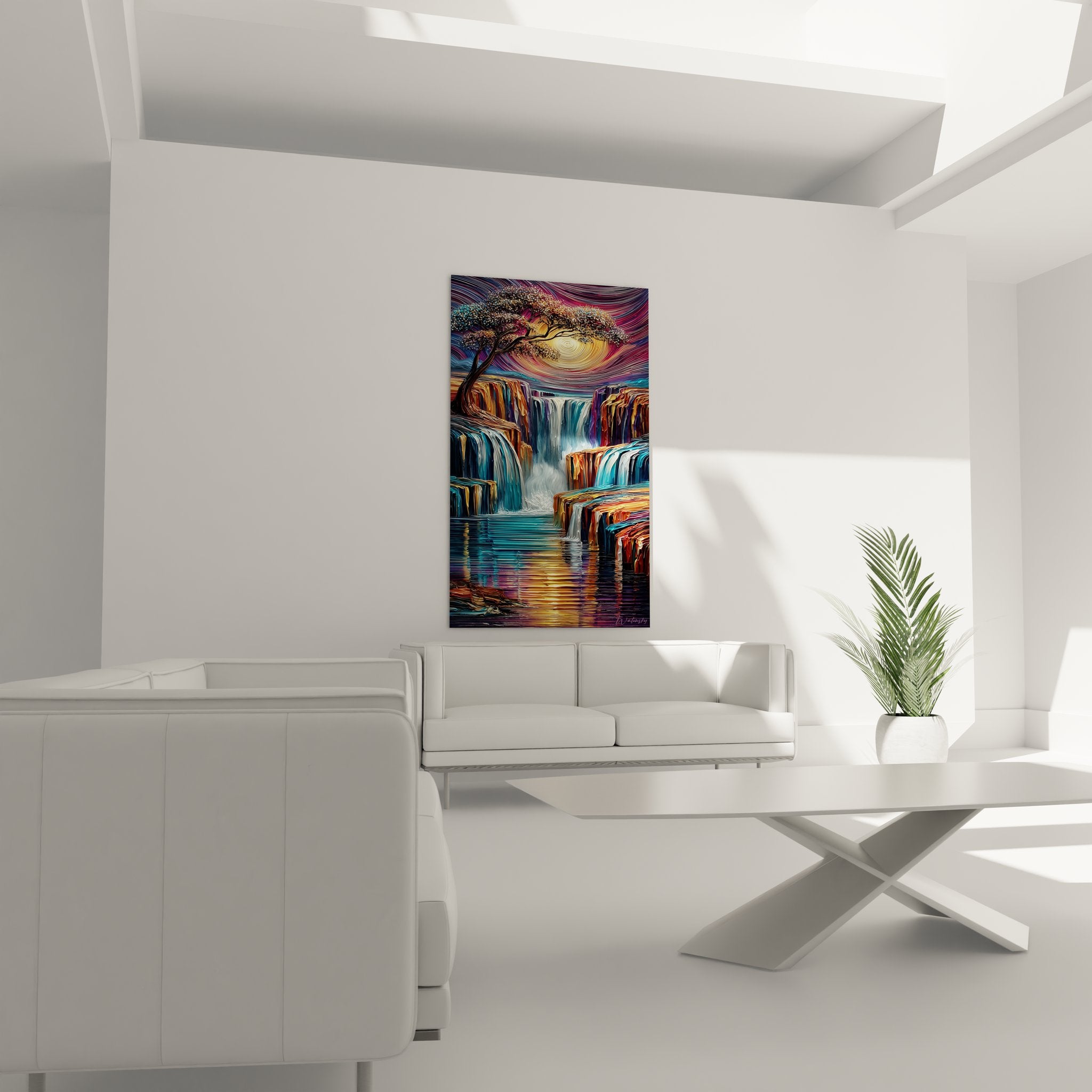 Gros plan détaillé du tableau cascade montrant les textures fluides et couleurs iridescentes de l'œuvre d'art