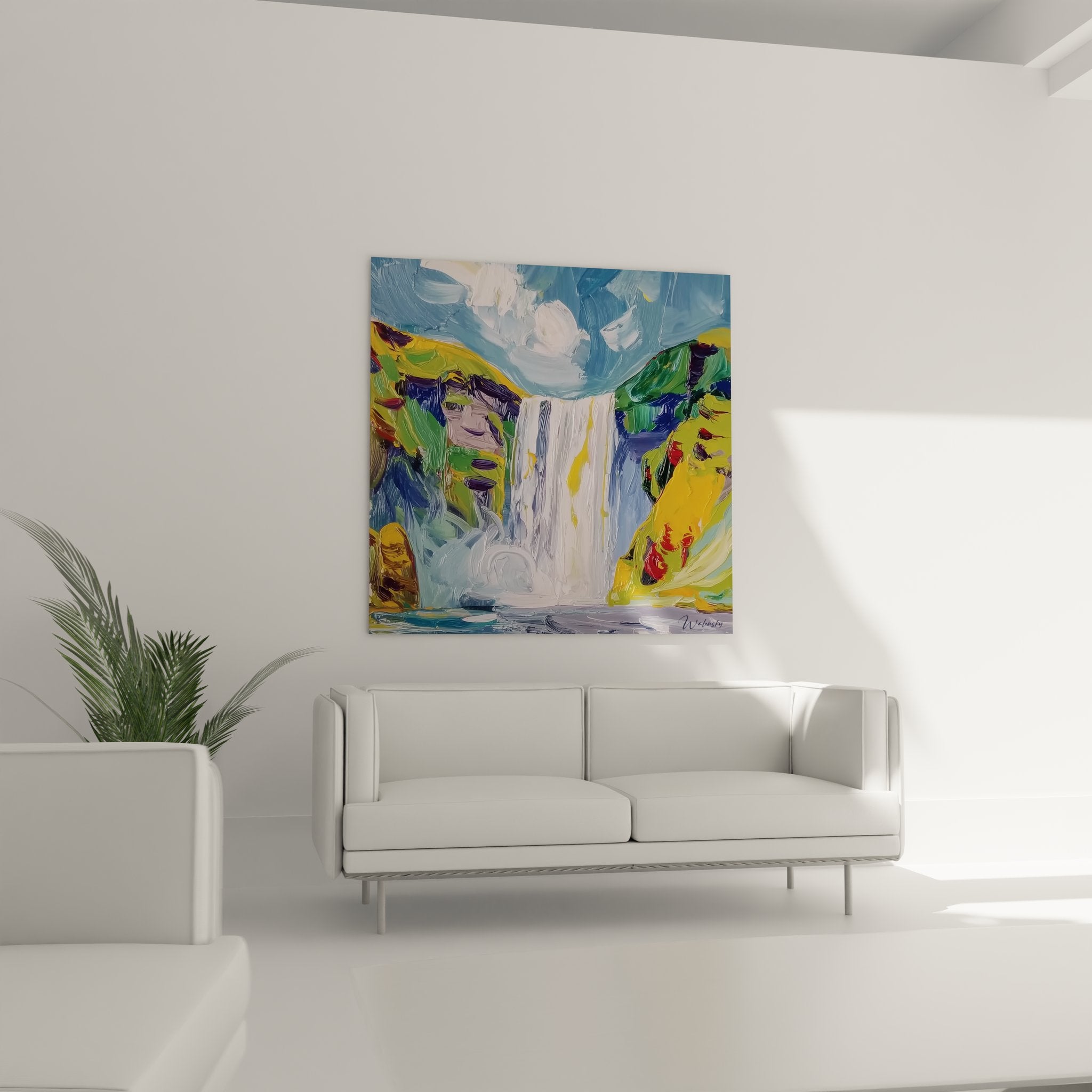 Gros plan tableau cascade montrant les détails de la peinture impressionniste et textures eau
