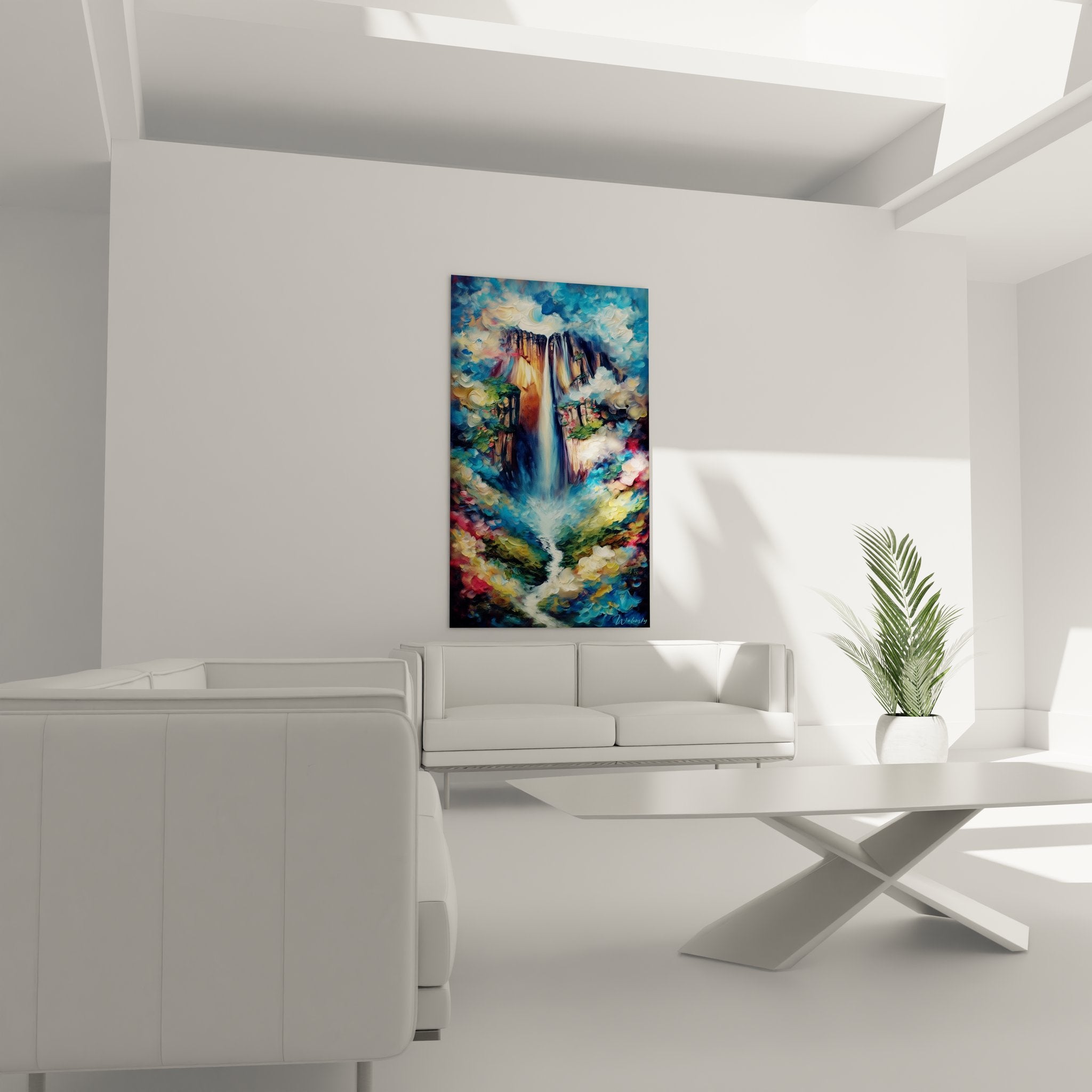 Gros plan tableau cascade technique picturale impressionniste couleurs vibrantes détails