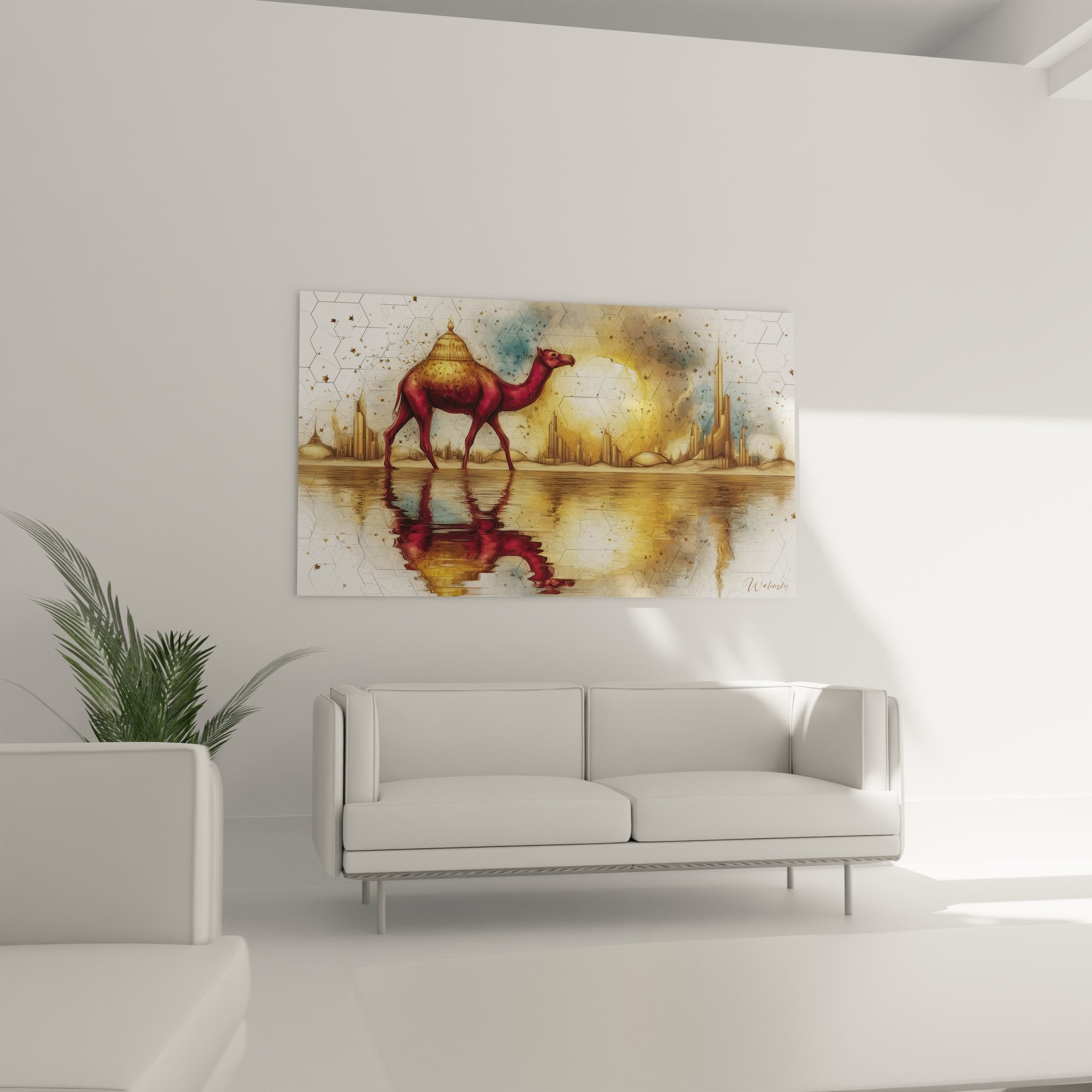 Gros plan tableau chameau oriental, détails géométriques hexagonaux et palette dorée rouge artistique