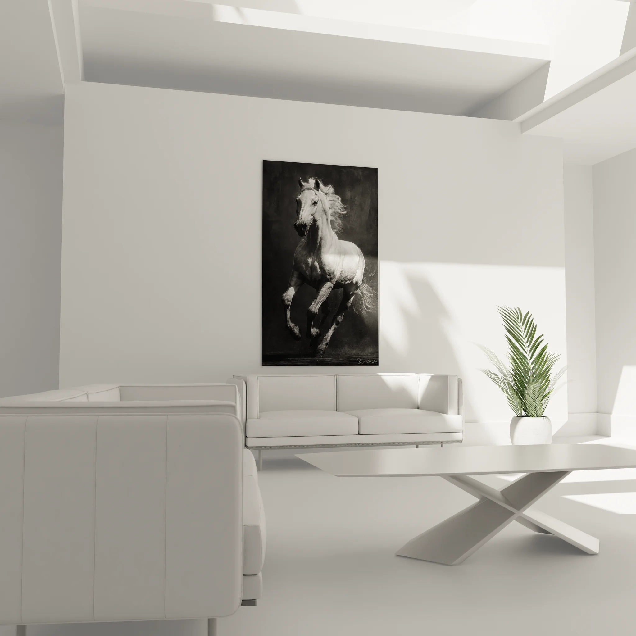 Gros plan tableau cheval galop noir et blanc, détails artistiques haute qualité