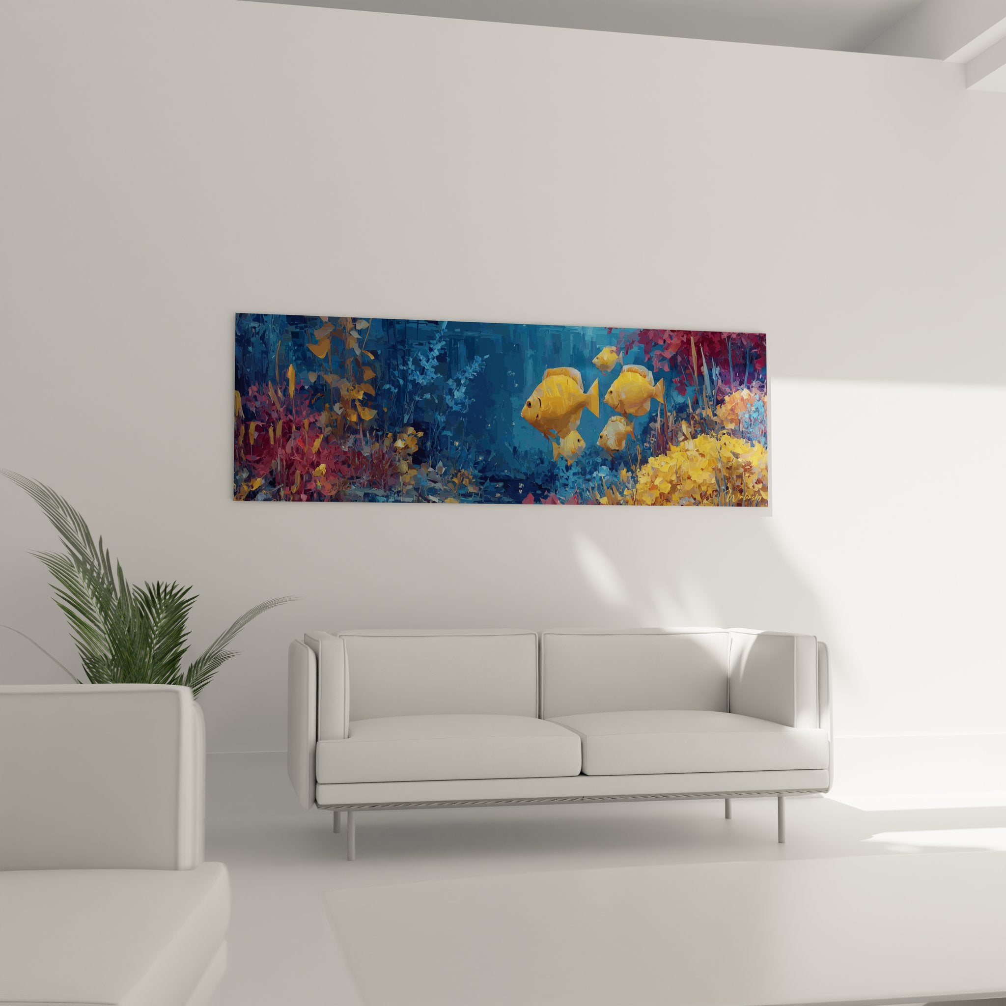 Gros plan tableau coraux colorés et poissons jaunes - détails peinture fonds marins artistique