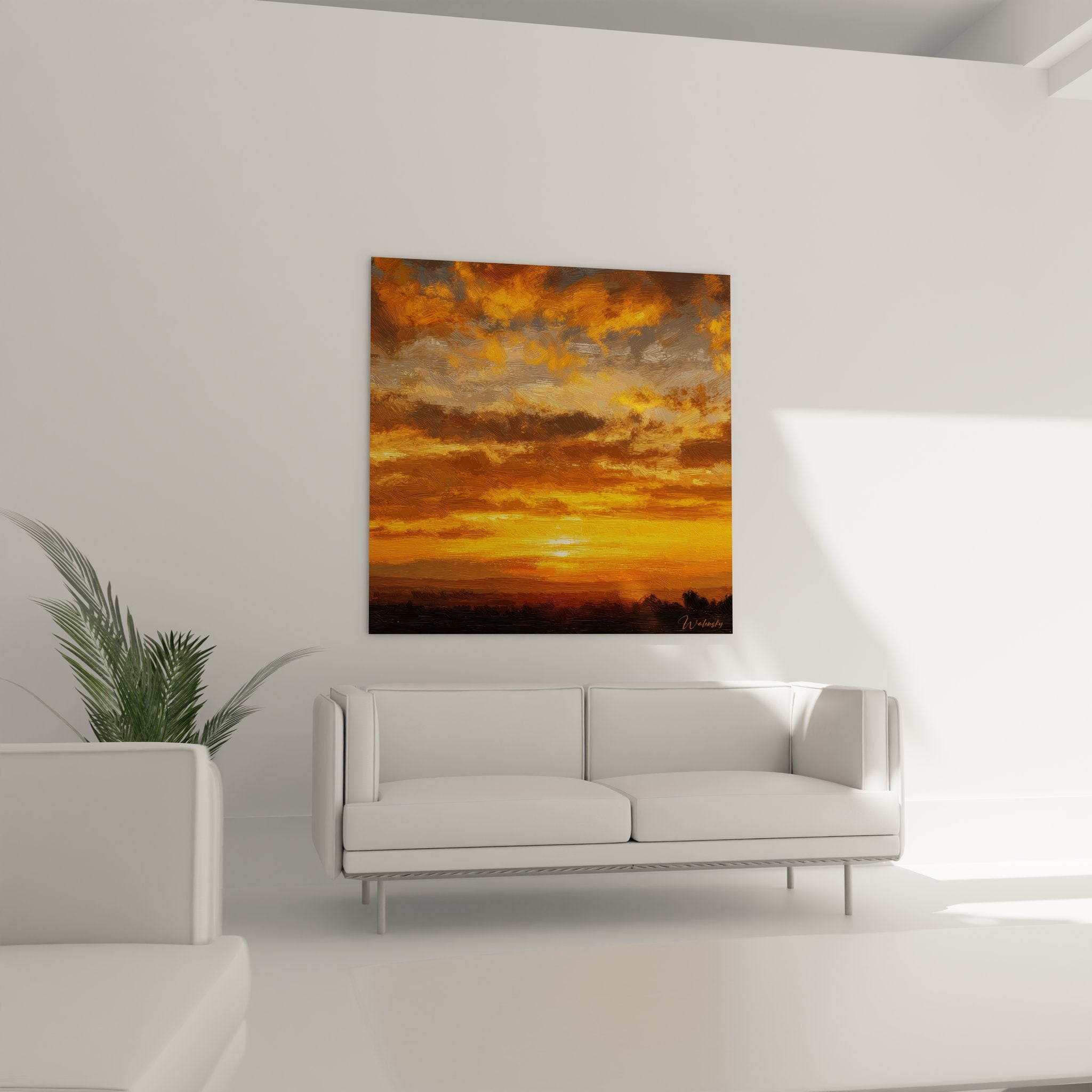 Détail gros plan tableau coucher de soleil, texture peinture nuages dorés coups de pinceau expressifs