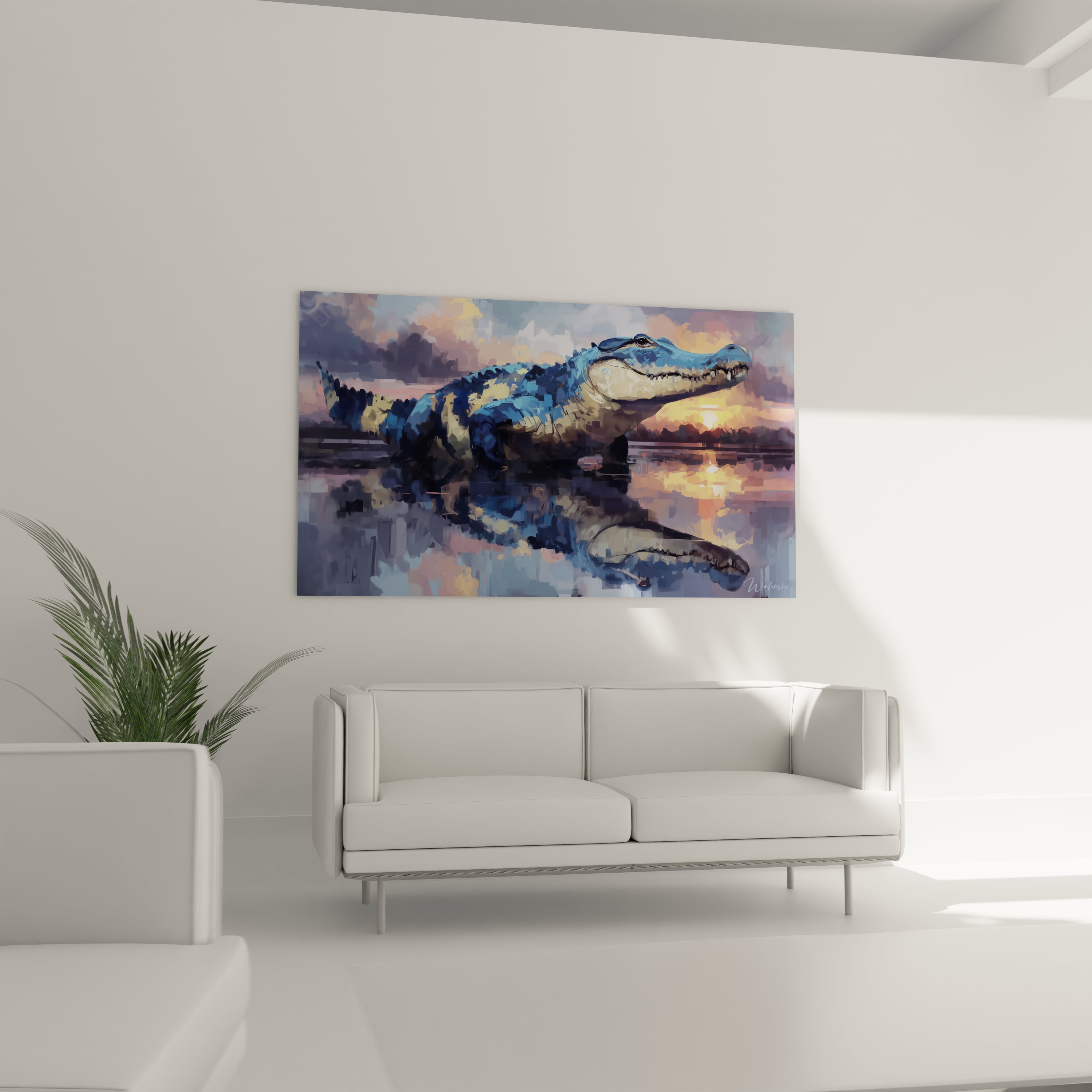 Gros plan tableau crocodile détails peinture art mural reptile collection Kaprosuchus