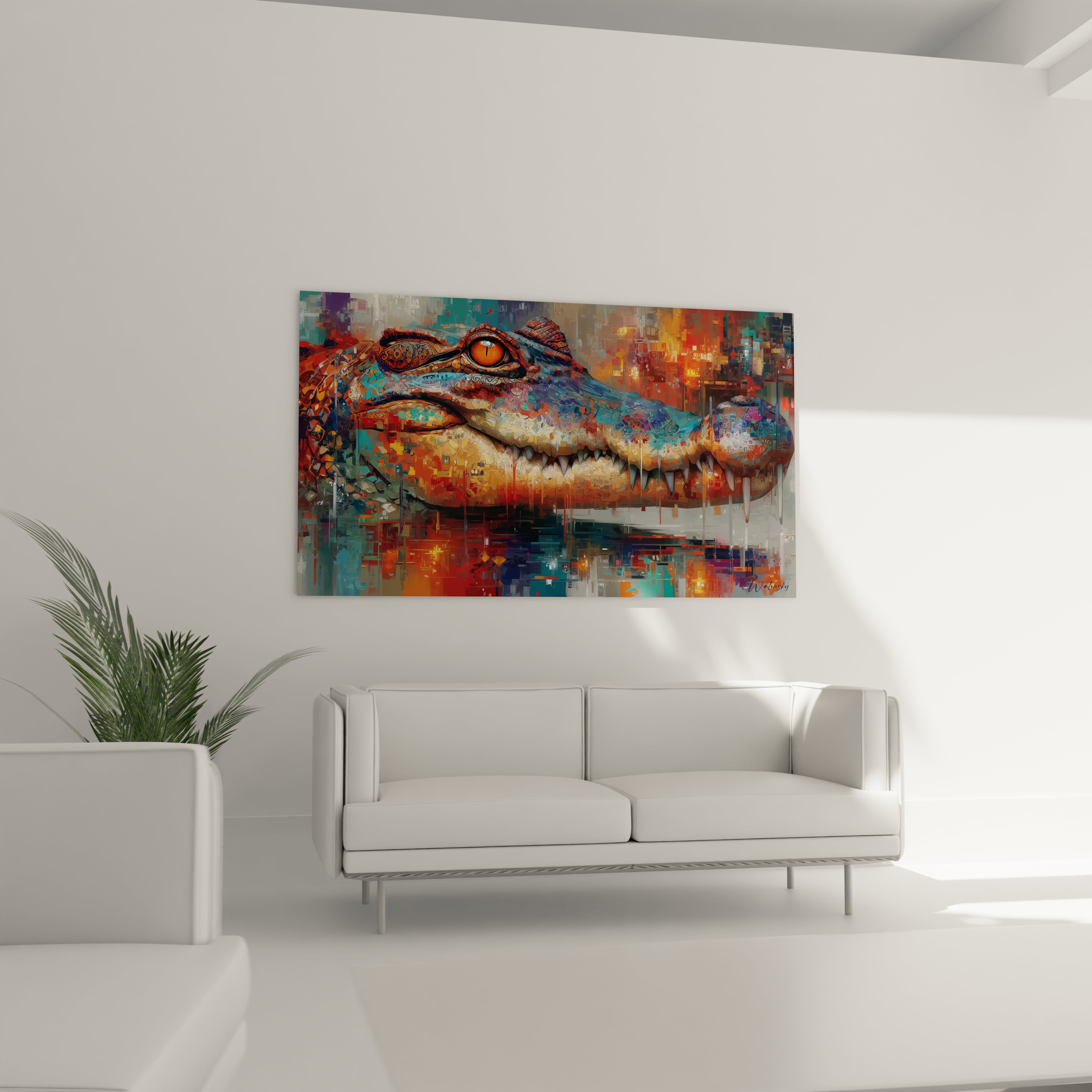 Gros plan tableau crocodile art numérique détail œil ambré et écailles pixelisées