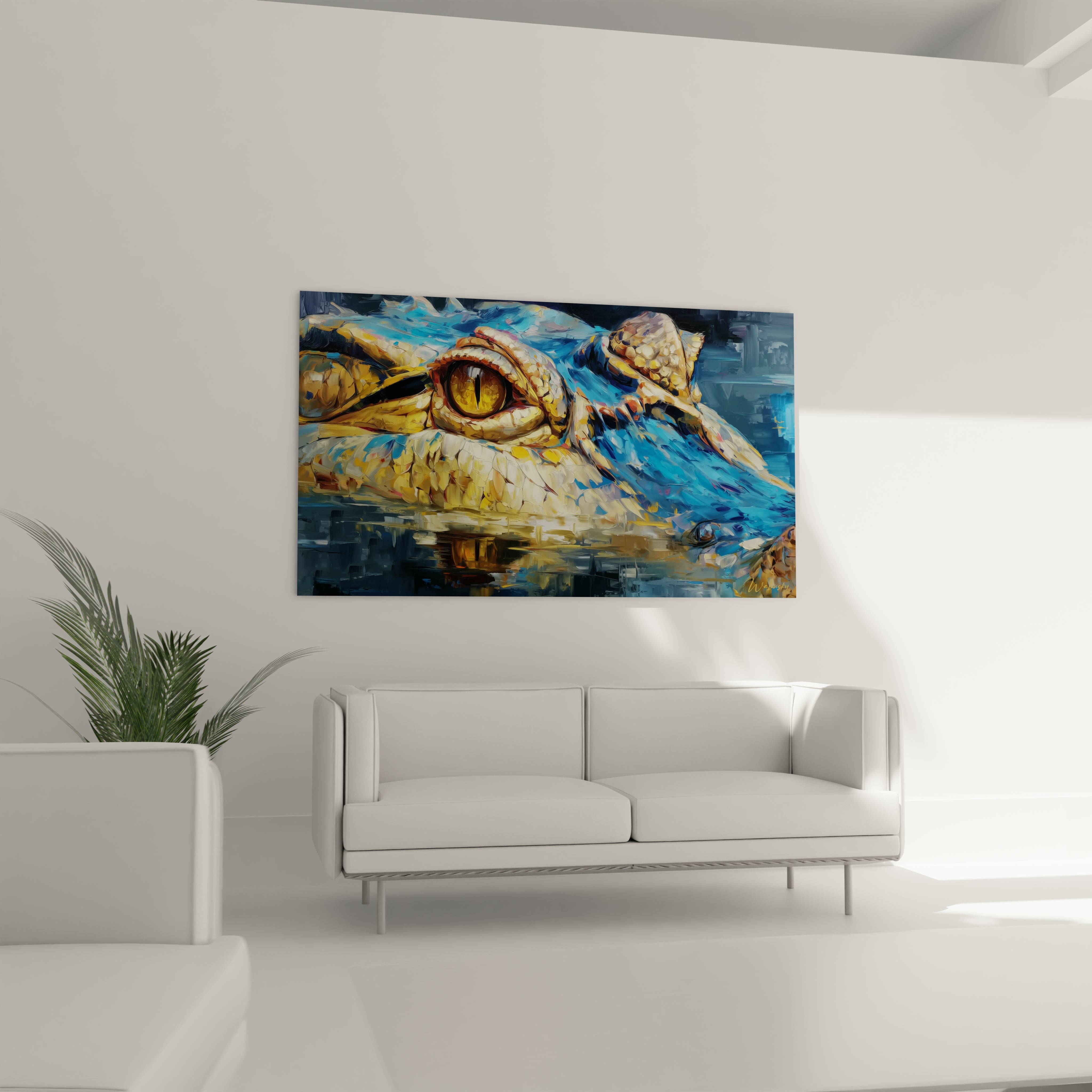 Gros plan tableau crocodile écailles dorées, détail peinture animalière texture réaliste