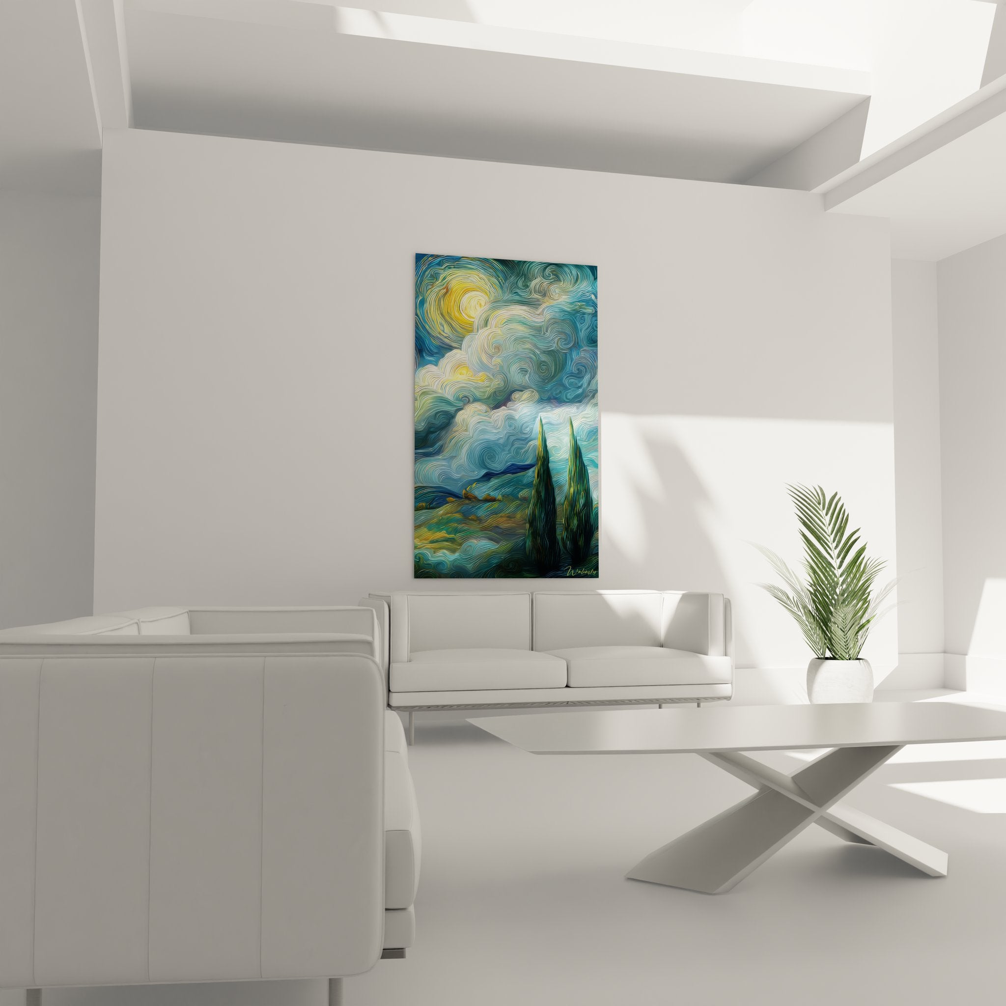 Gros plan tableau cyprès stylisés, détails tourbillons célestes et technique picturale paysage nocturne