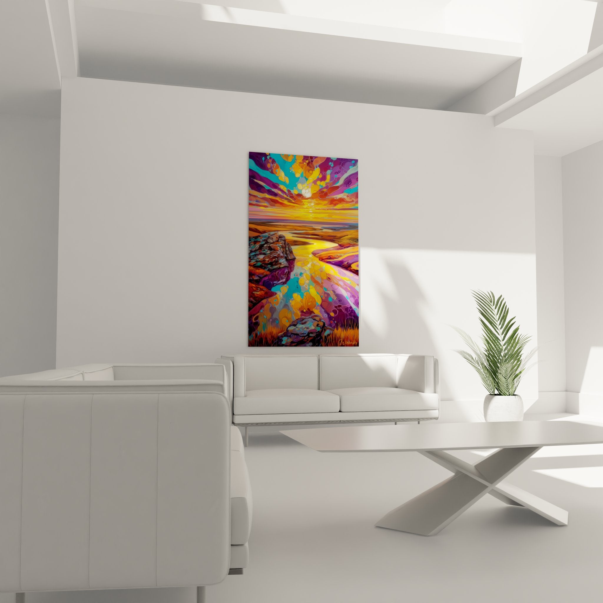 Gros plan tableau désert avec détails couleurs vives et effets psychédéliques