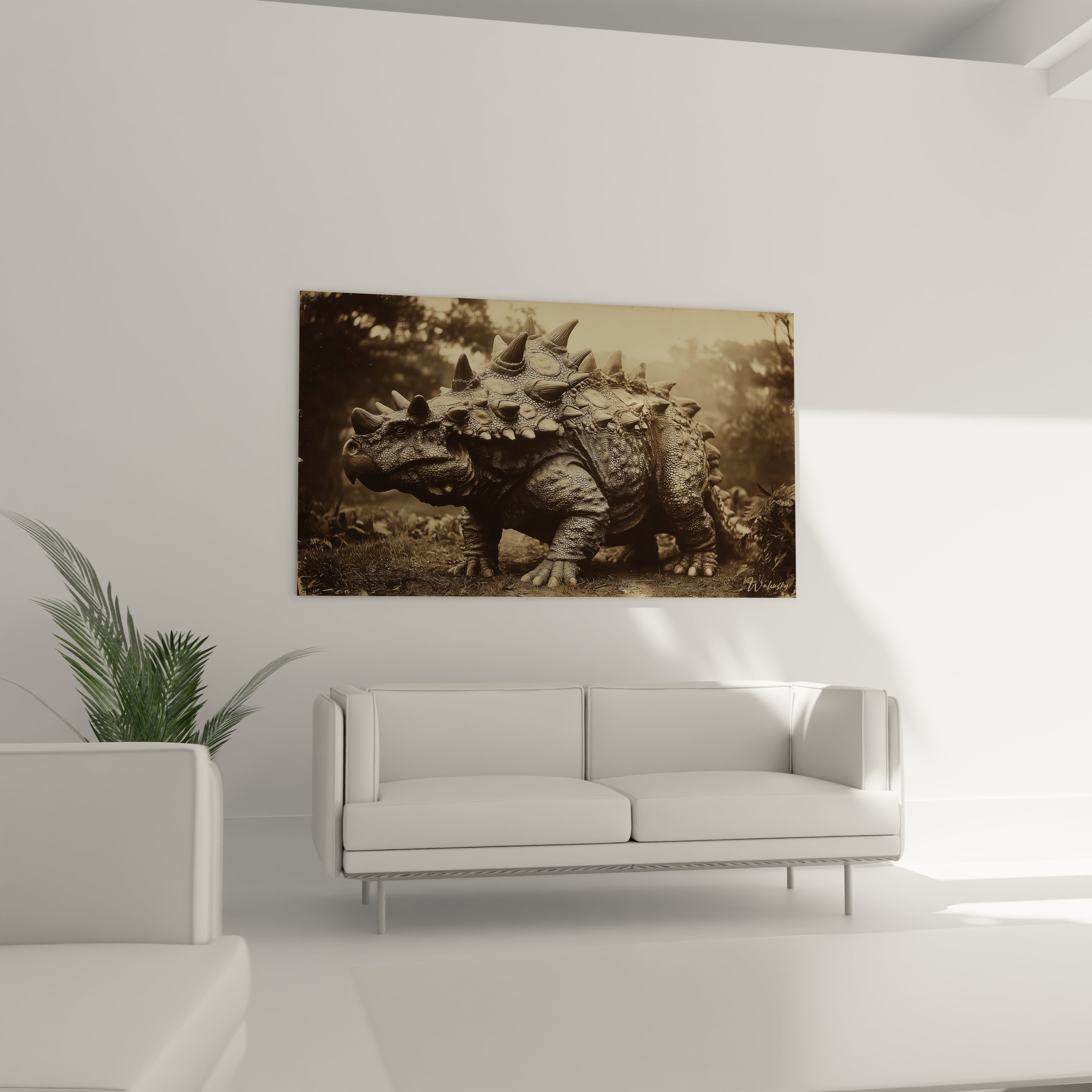 Gros plan tableau dinosaure cuirassé montrant textures épines et carapace détaillées