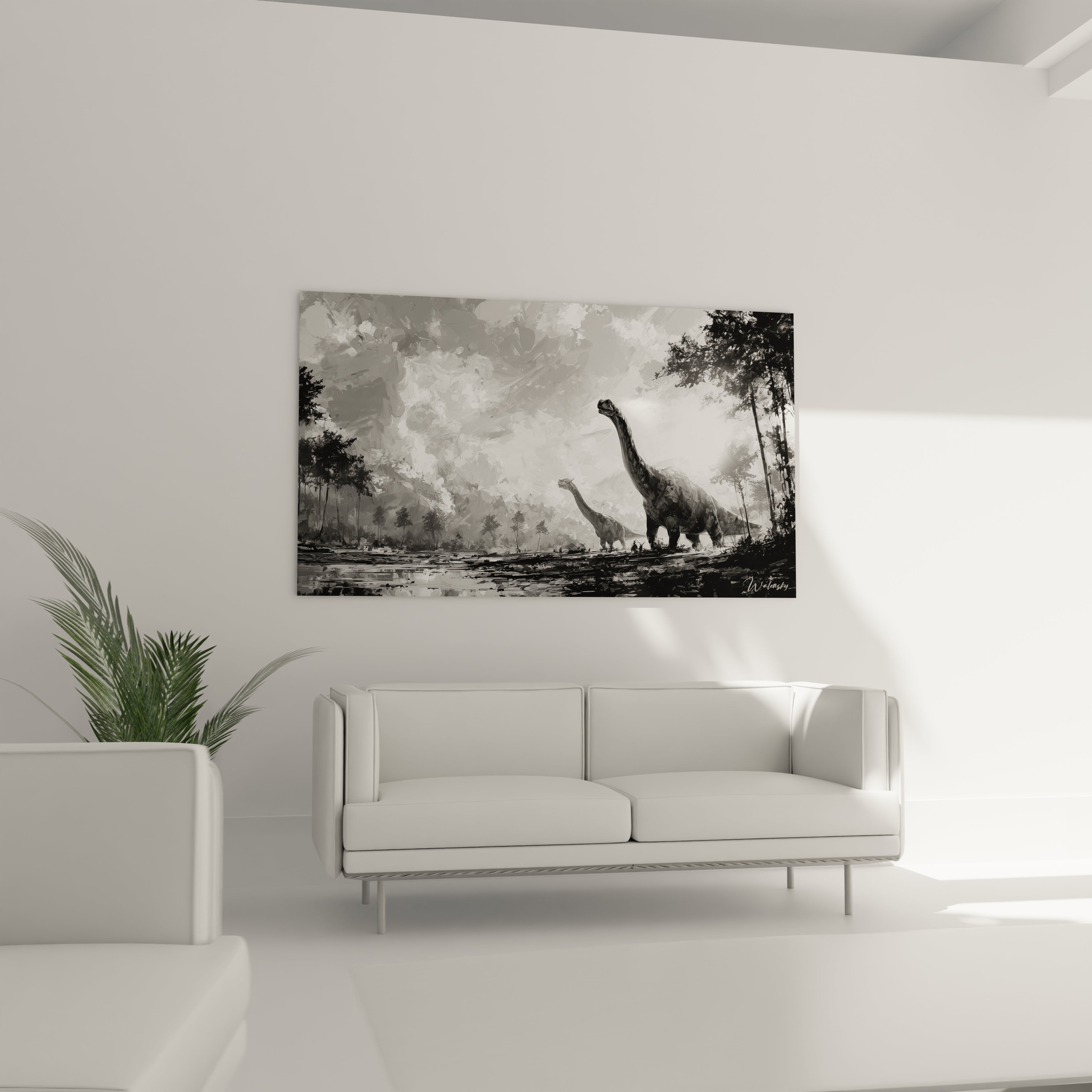 Gros plan tableau dinosaure diplodocus détails artistiques noir et blanc sauropode