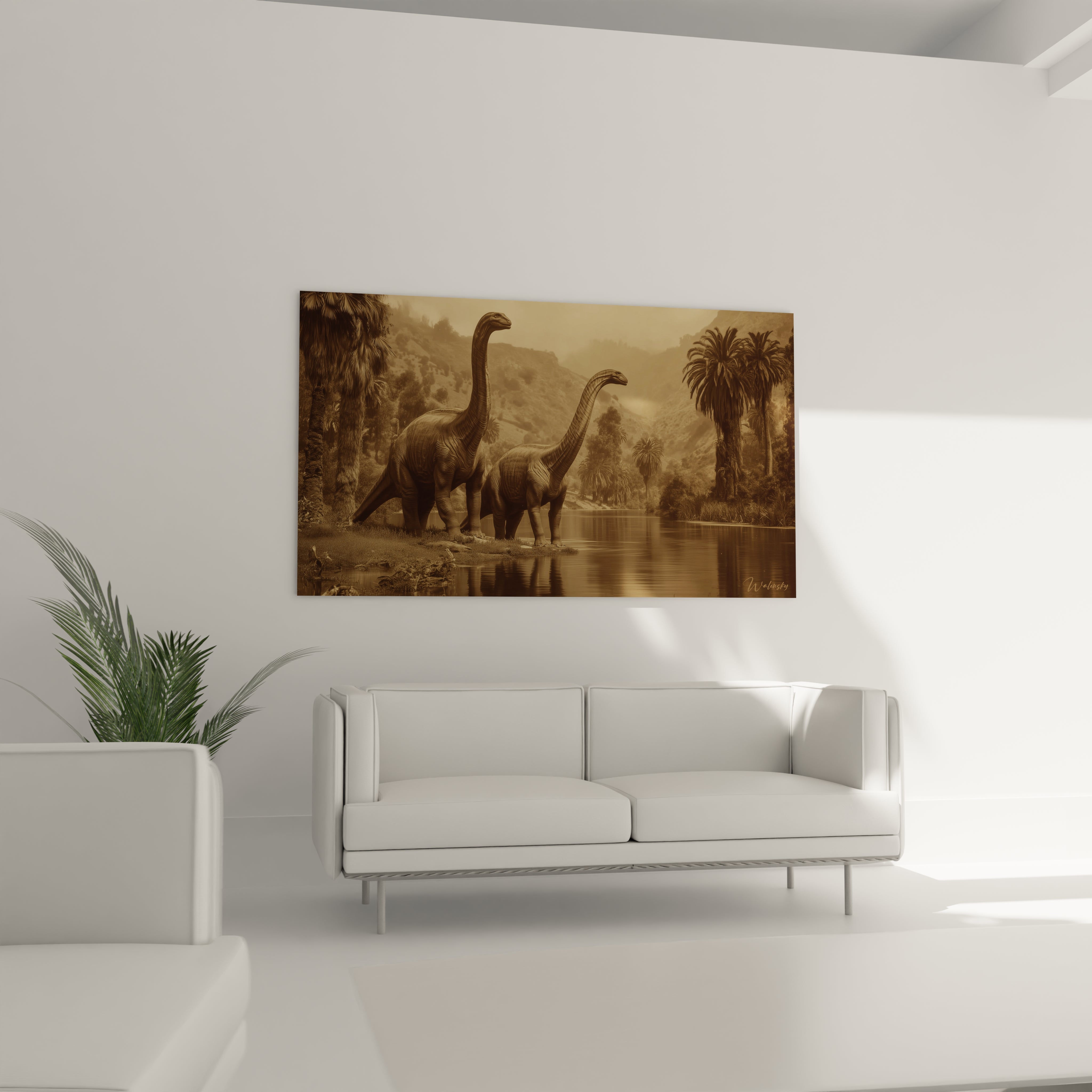 Gros plan tableau art dinosaures sauropodes détails réalistes tons dorés atmosphère jurassique