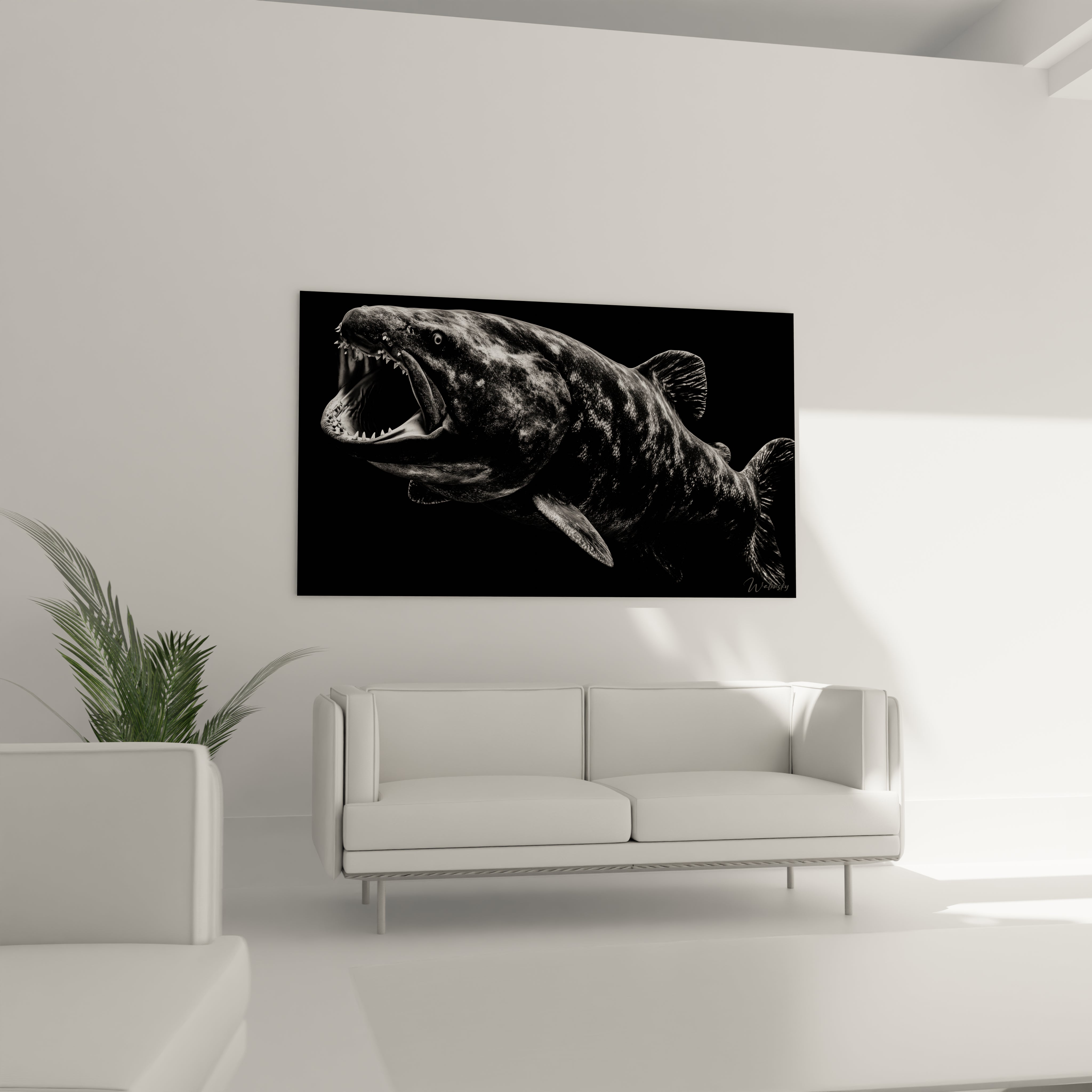 Gros plan sur tableau Dunkleosteus montrant détails anatomiques du prédateur préhistorique en noir et blanc