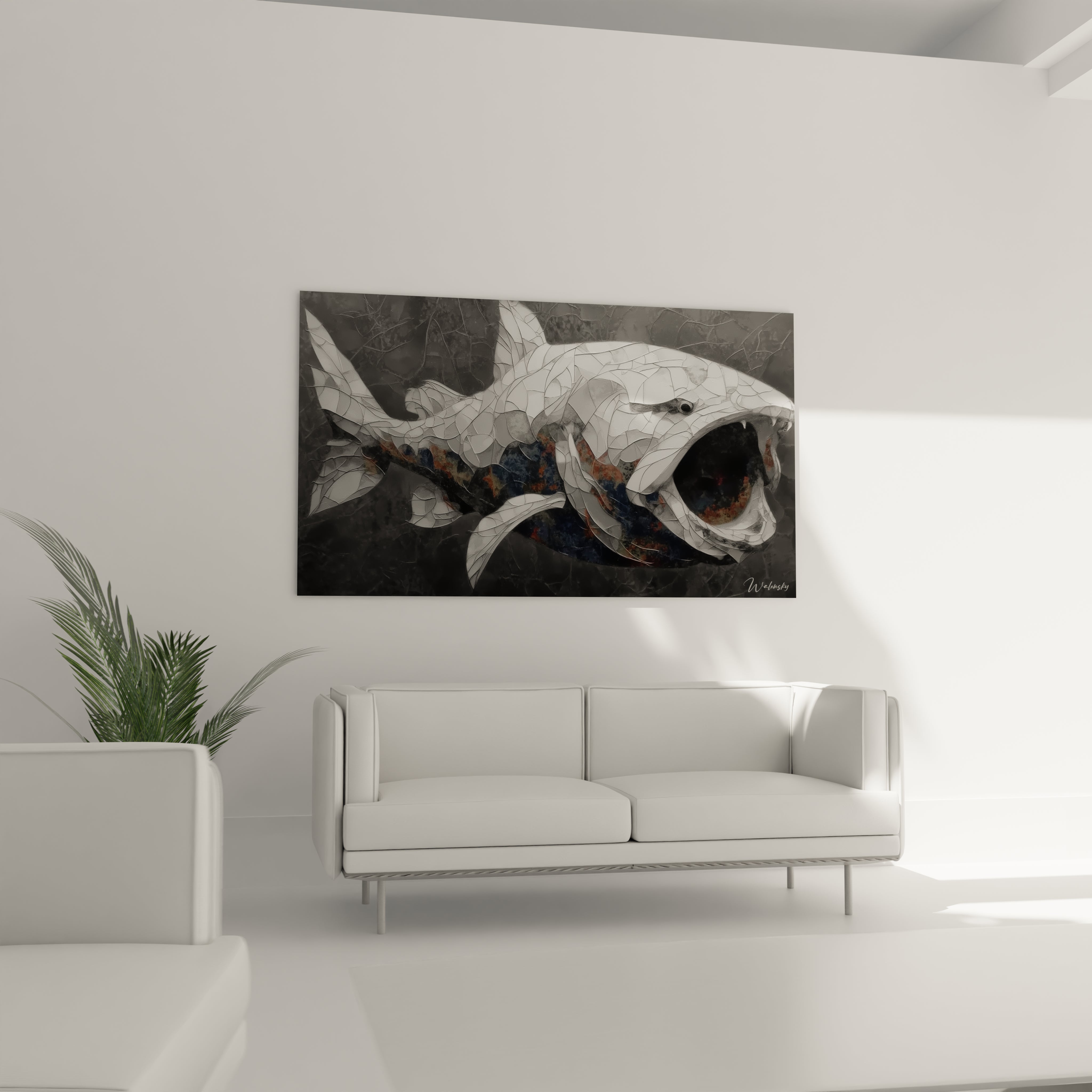 Gros plan tableau Dunkleosteus détails artistiques poisson cuirassé fossile