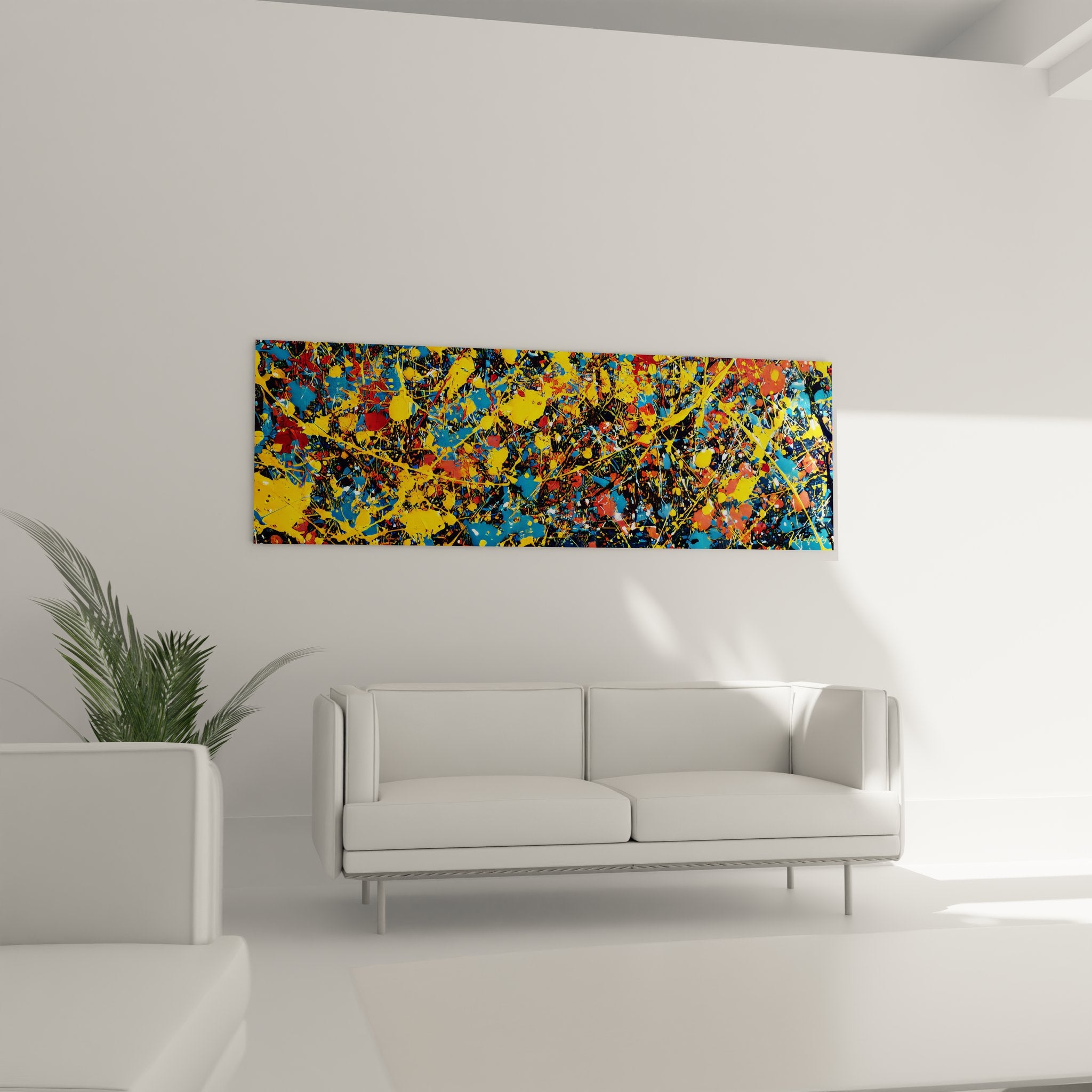 Gros plan tableau abstrait éclaboussures peinture détails texture couleurs vives technique dripping