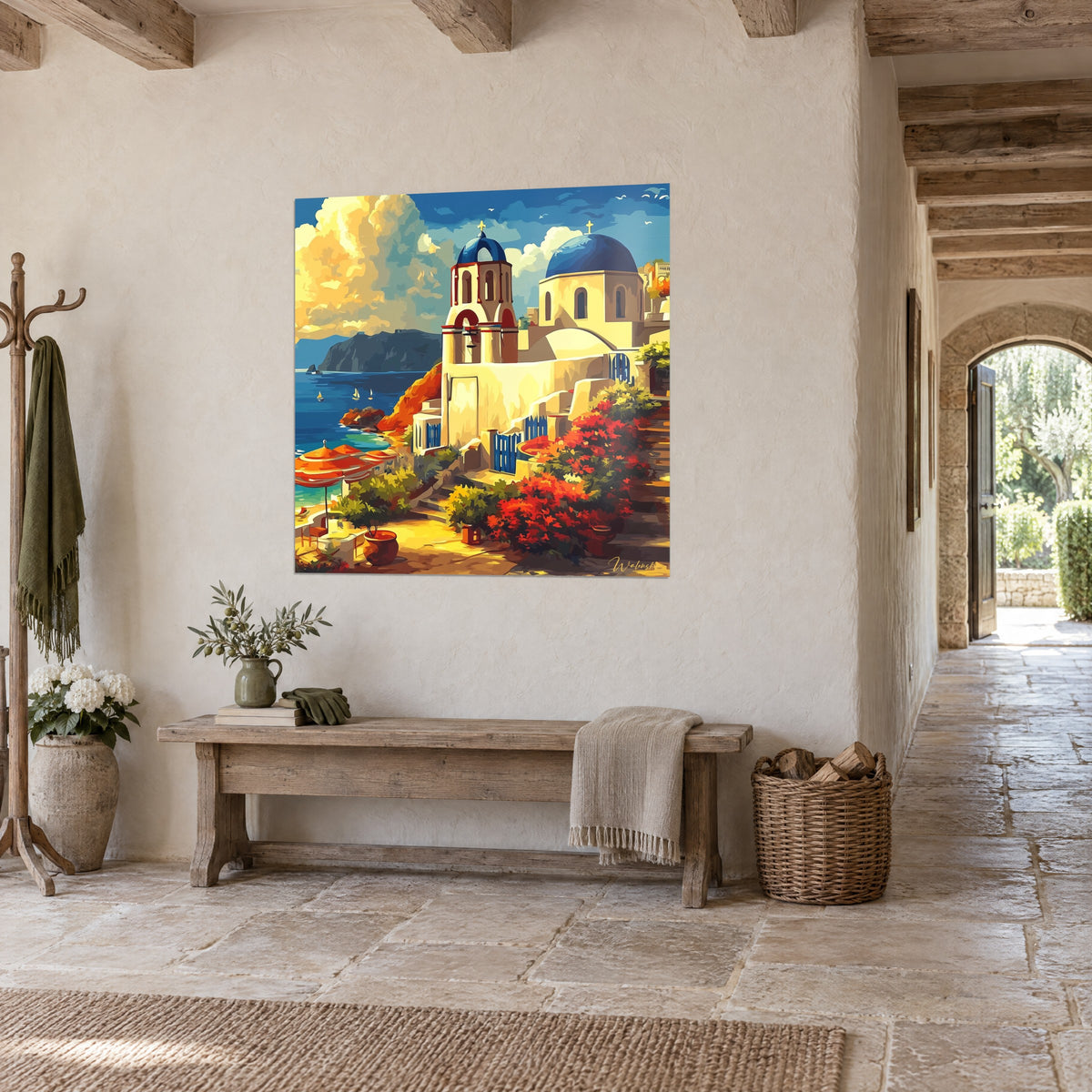 Tableau village blanc de Santorin, clocher rouge et ciel jaune safran, vu de trois-quarts dans un couloir de pierre