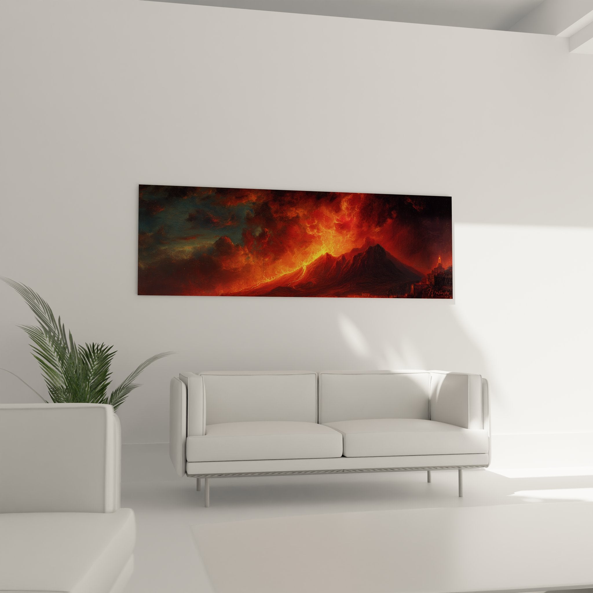 Gros plan tableau éruption volcanique détails flammes lave incandescente art volcanique mural