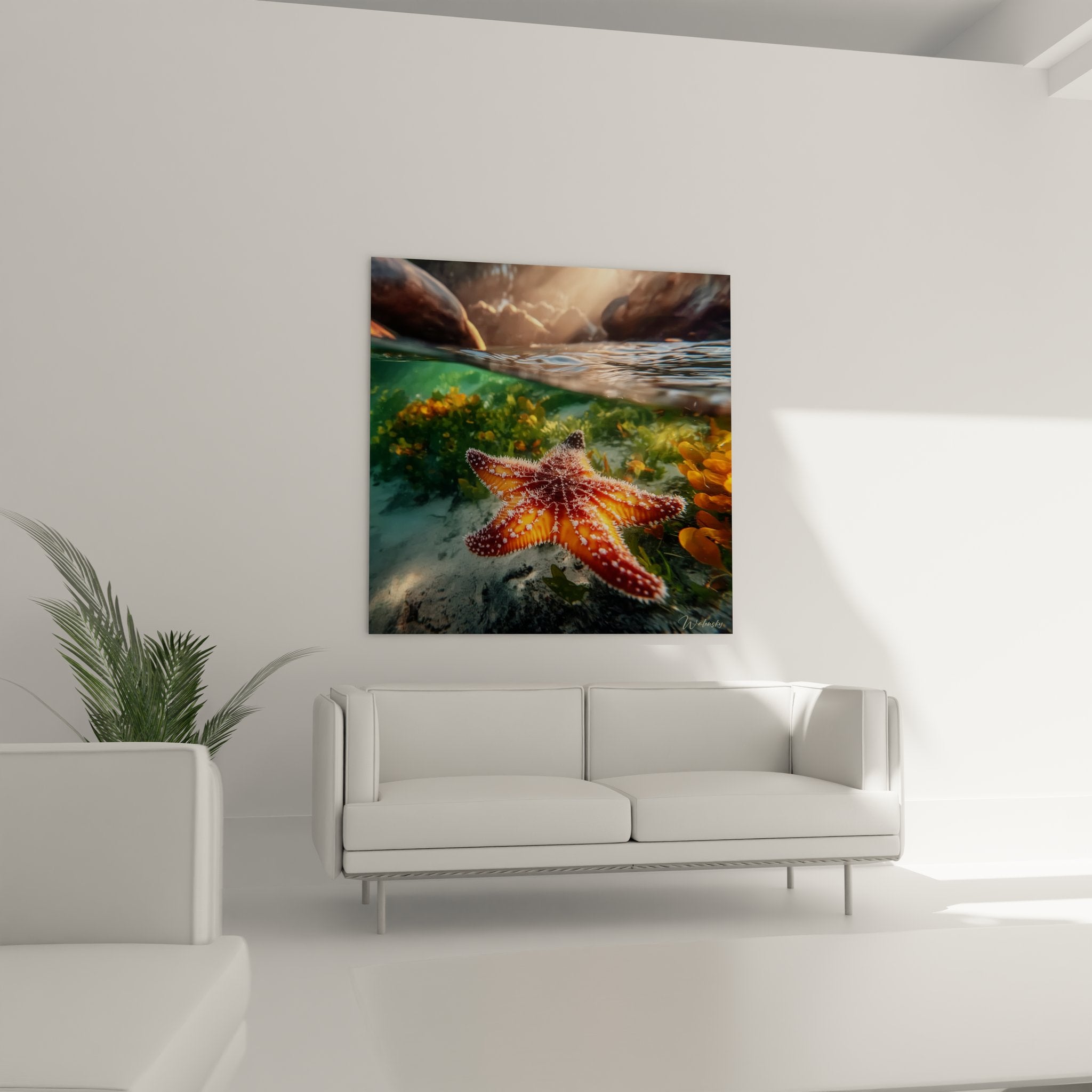 Gros plan tableau étoile de mer orange détails textures ventouses art mural