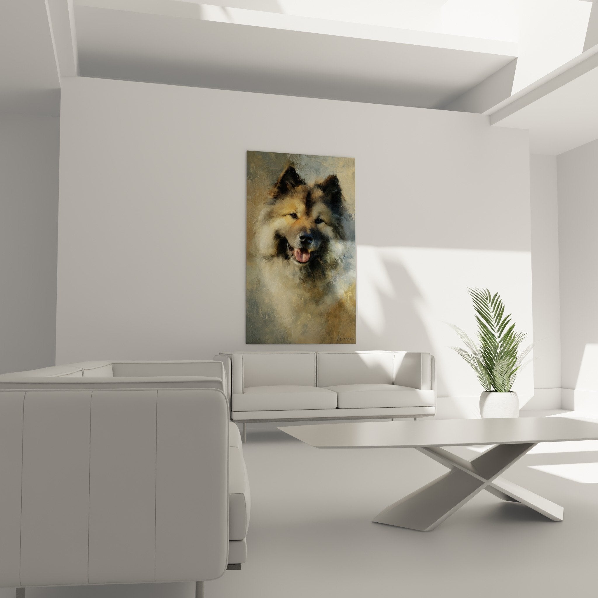 Gros plan tableau Eurasier souriant, details pinceau visible, nuances dorees et grises