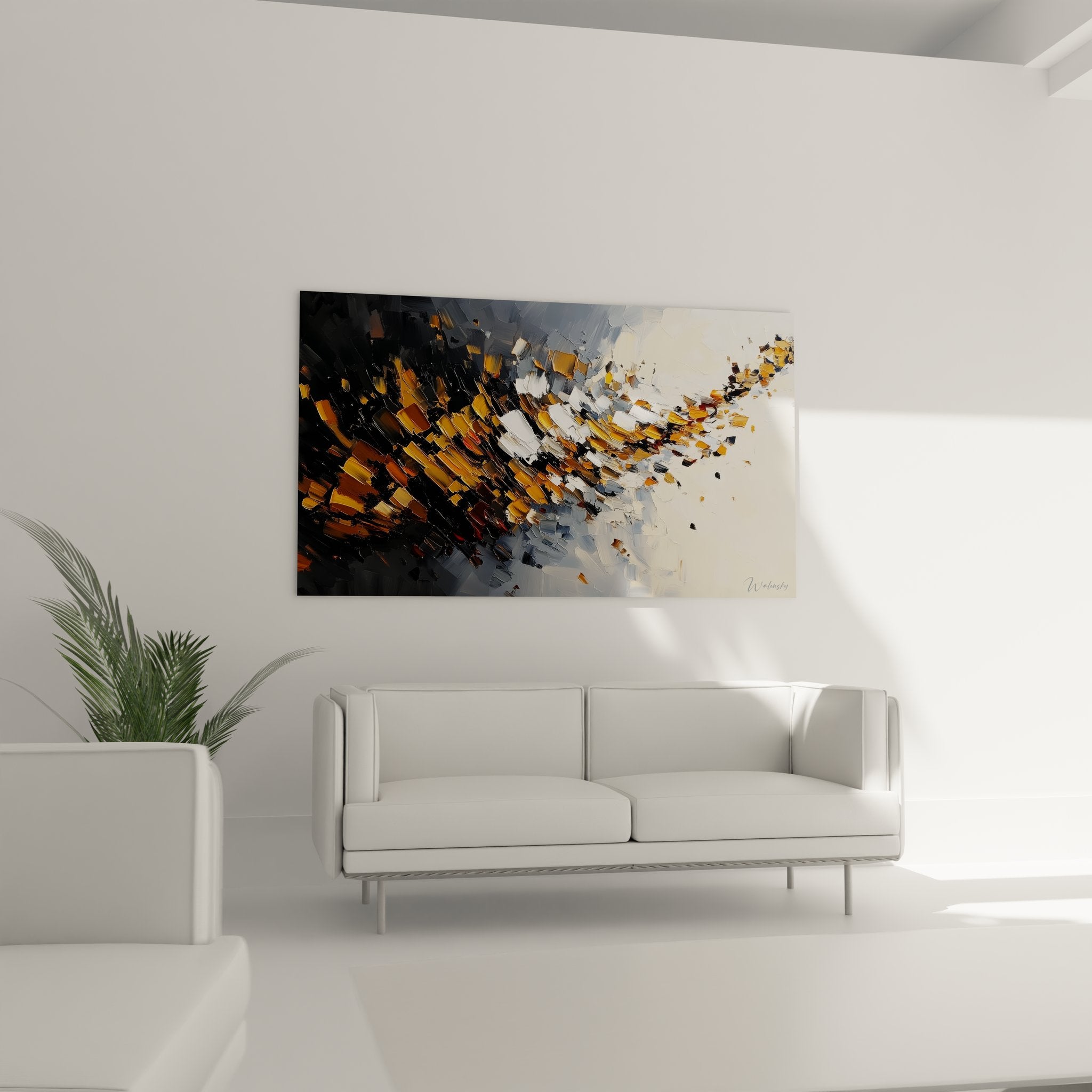 Gros plan tableau abstrait explosion, détails peinture moderne fragmentée orange et grise