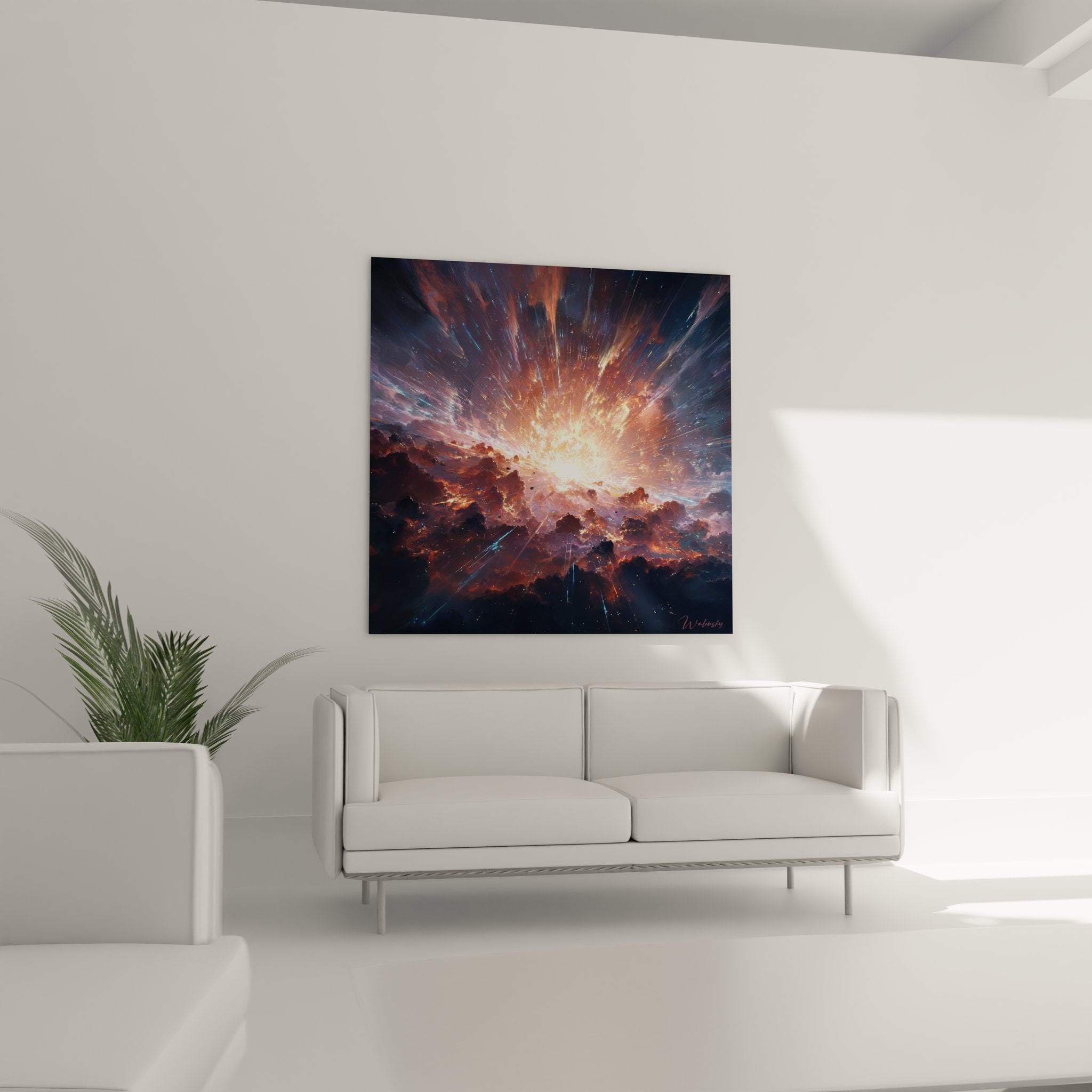 Gros plan détaillé du tableau explosion cosmique montrant les nuages stellaires et particules lumineuses