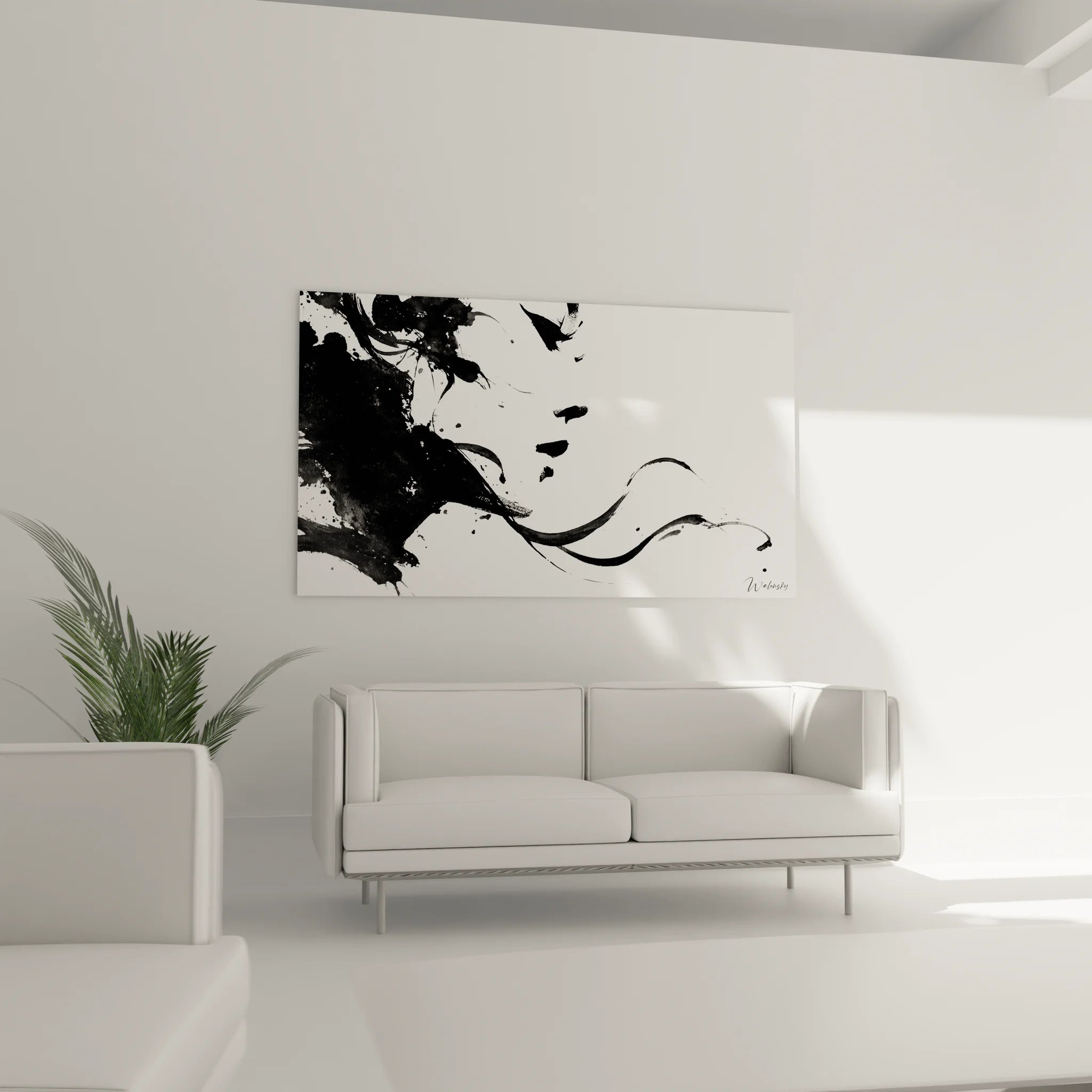 Gros plan tableau femme abstract noir et blanc montrant les détails des traits et textures artistiques