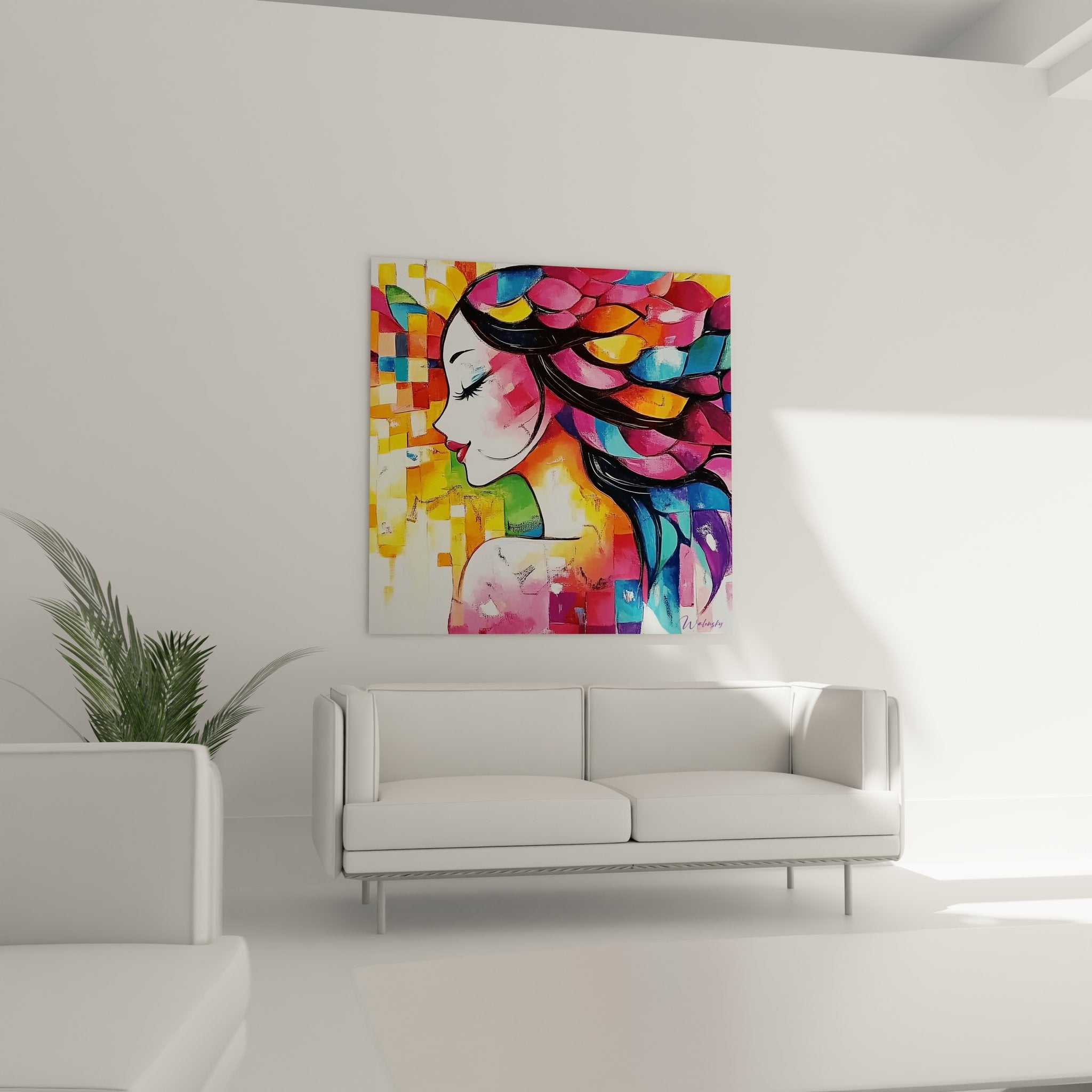 Gros plan tableau abstrait femme cheveux colorés, détails peinture multicolore moderne