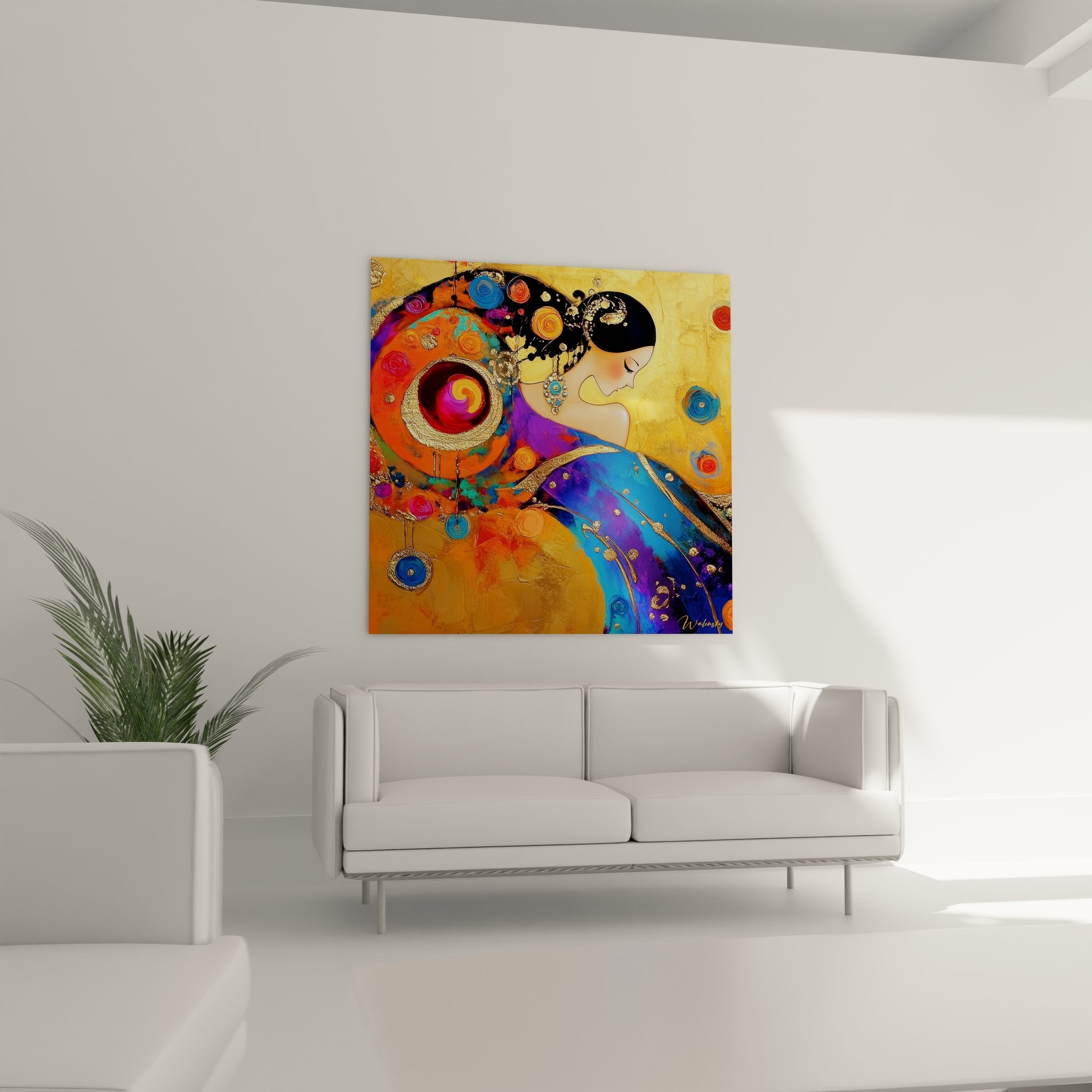 Gros plan détails tableau femme cosmique ornements dorés spirales colorées motifs abstraits