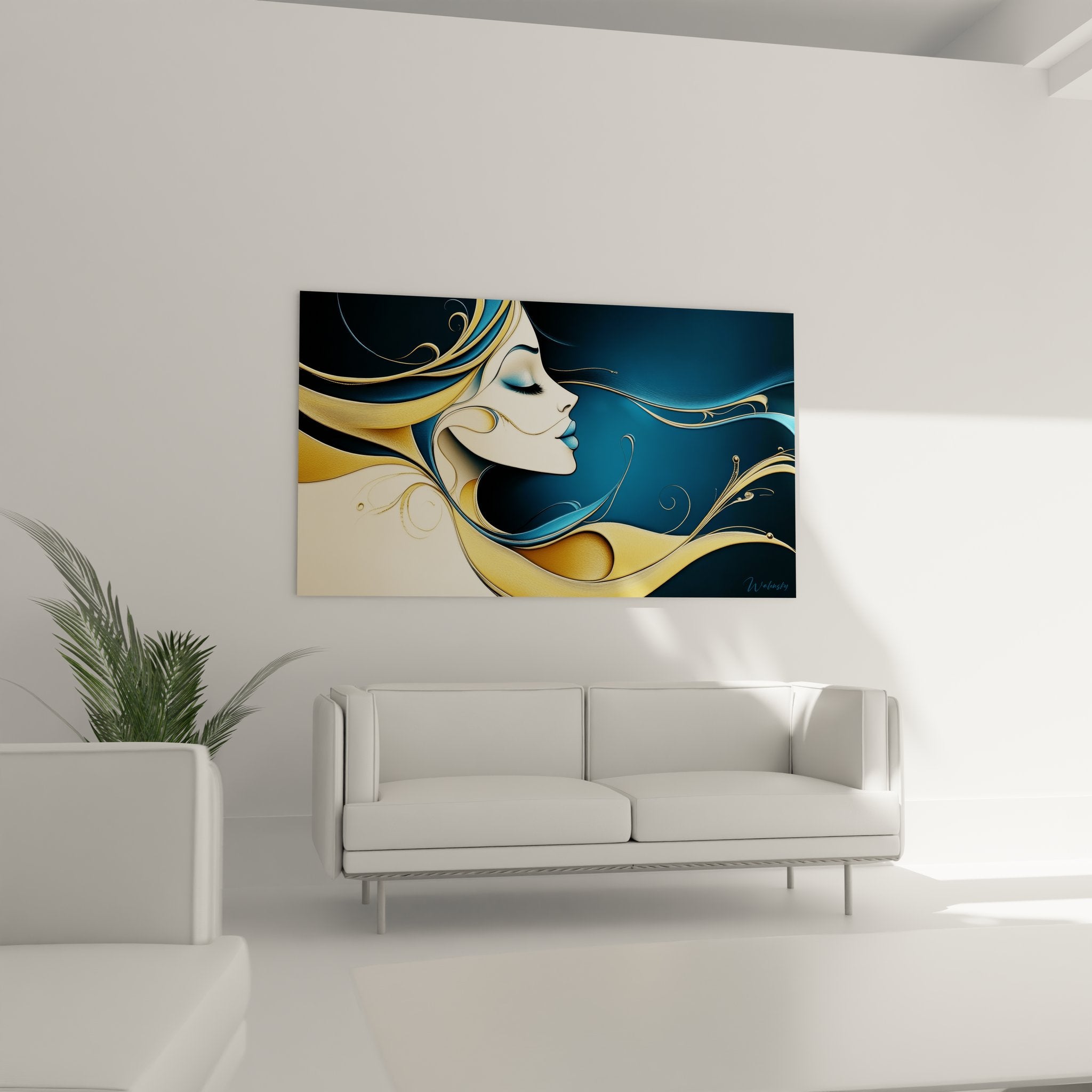 Gros plan tableau femme profil courbes dorées détails artistiques figuratif abstrait