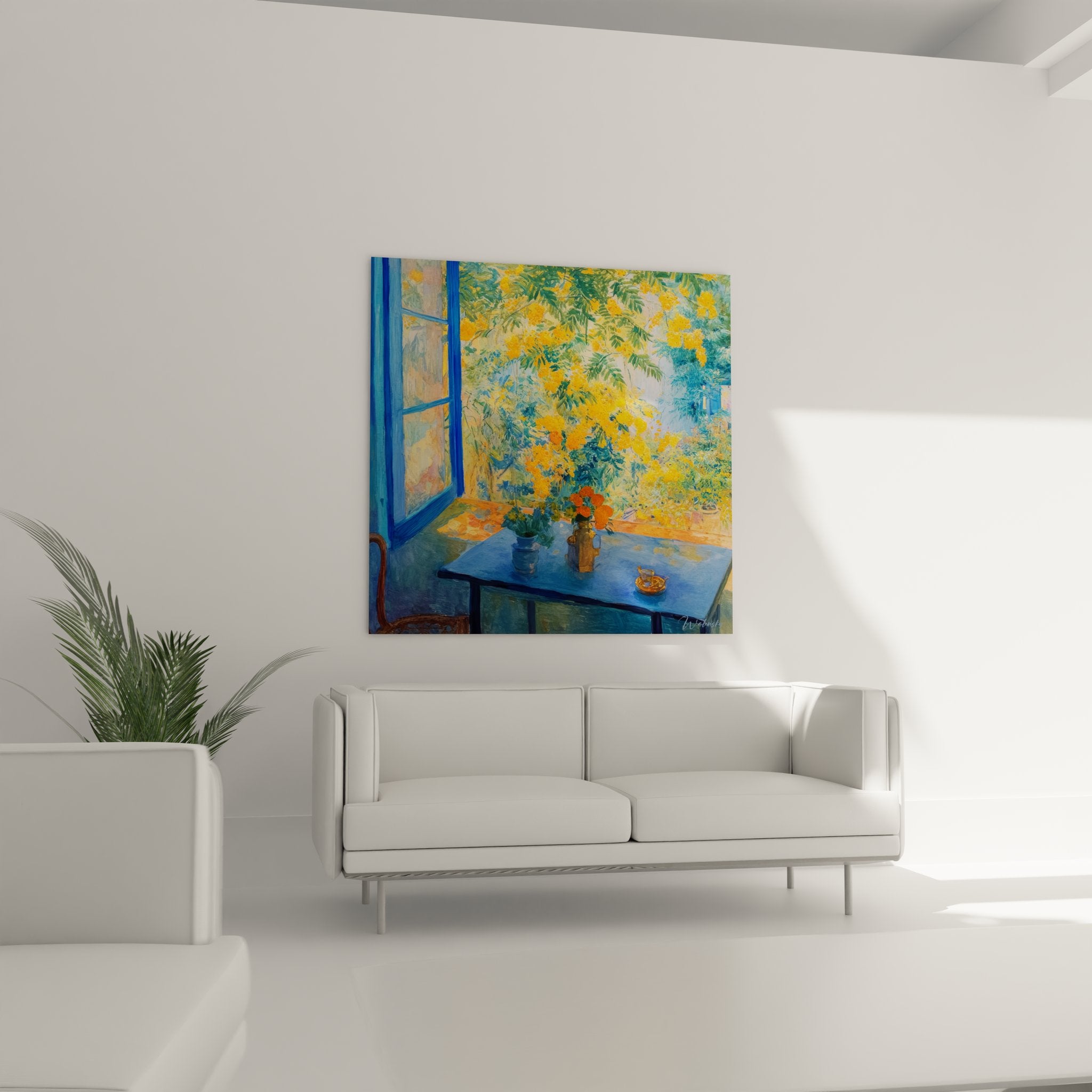 Détail gros plan tableau fenêtre jardin mimosas dorés peinture florale murale