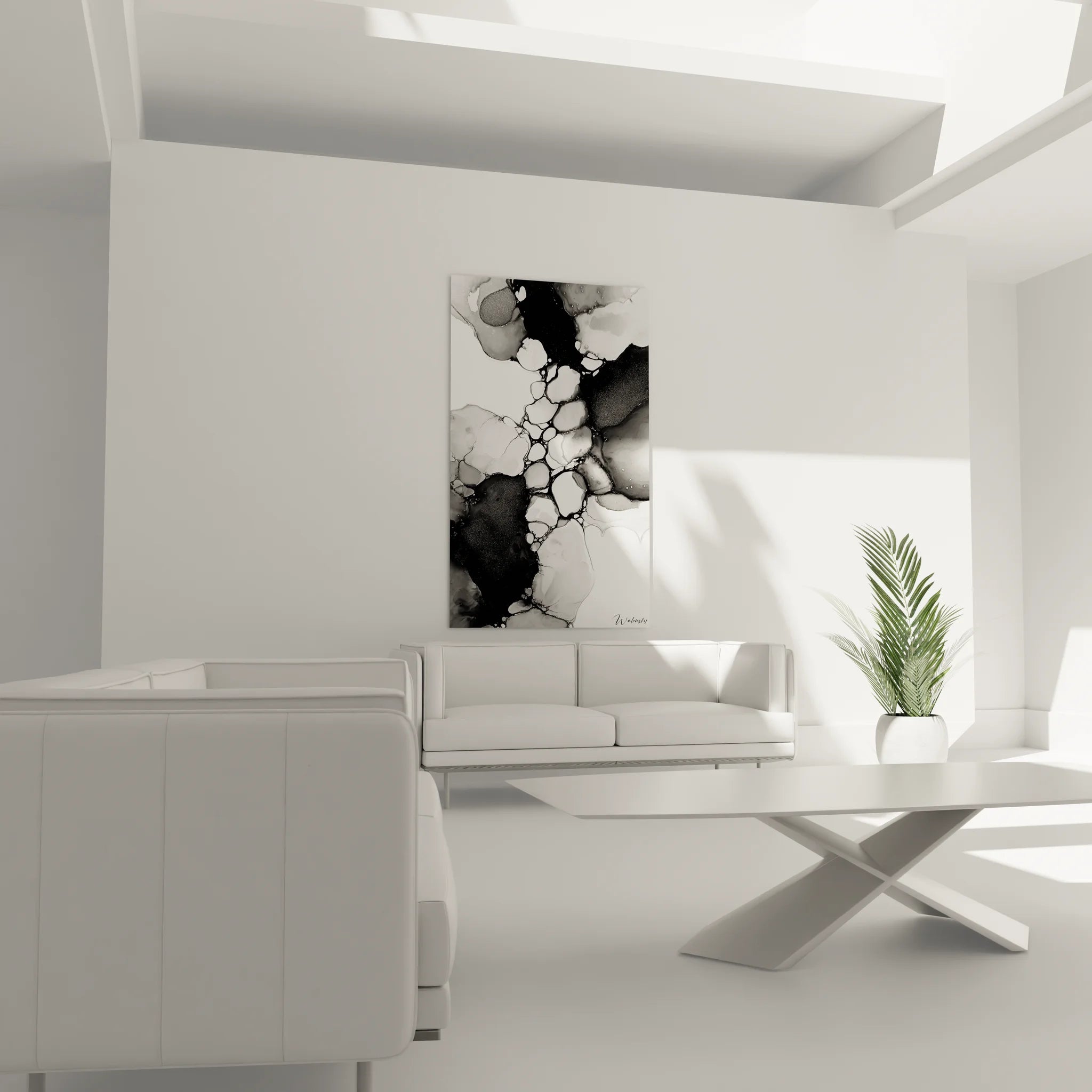 Gros plan tableau abstrait fluide montrant détails textures noir blanc et formes organiques contemporaines