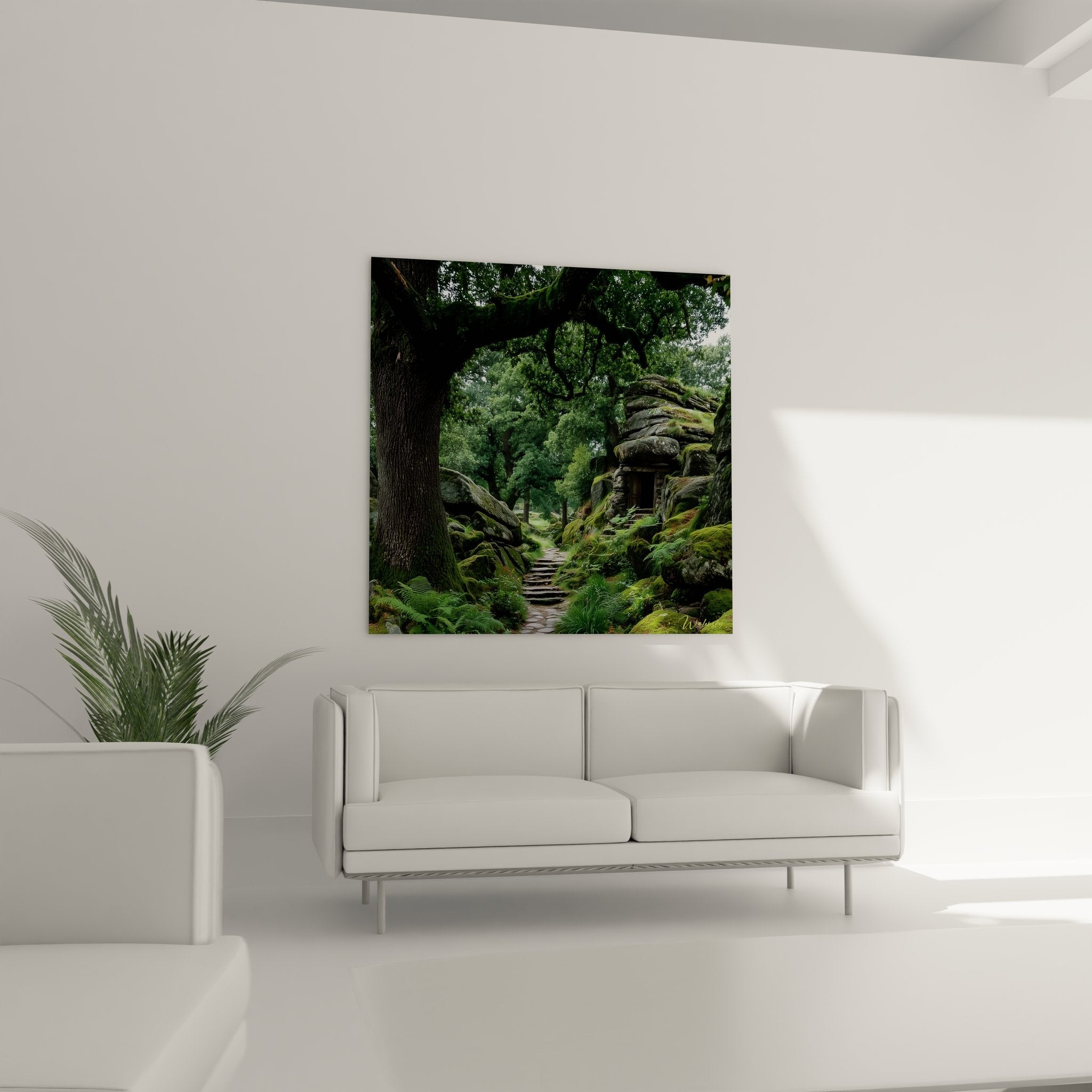 Gros plan tableau forestier détails mousse rochers, texture végétation luxuriante forêt