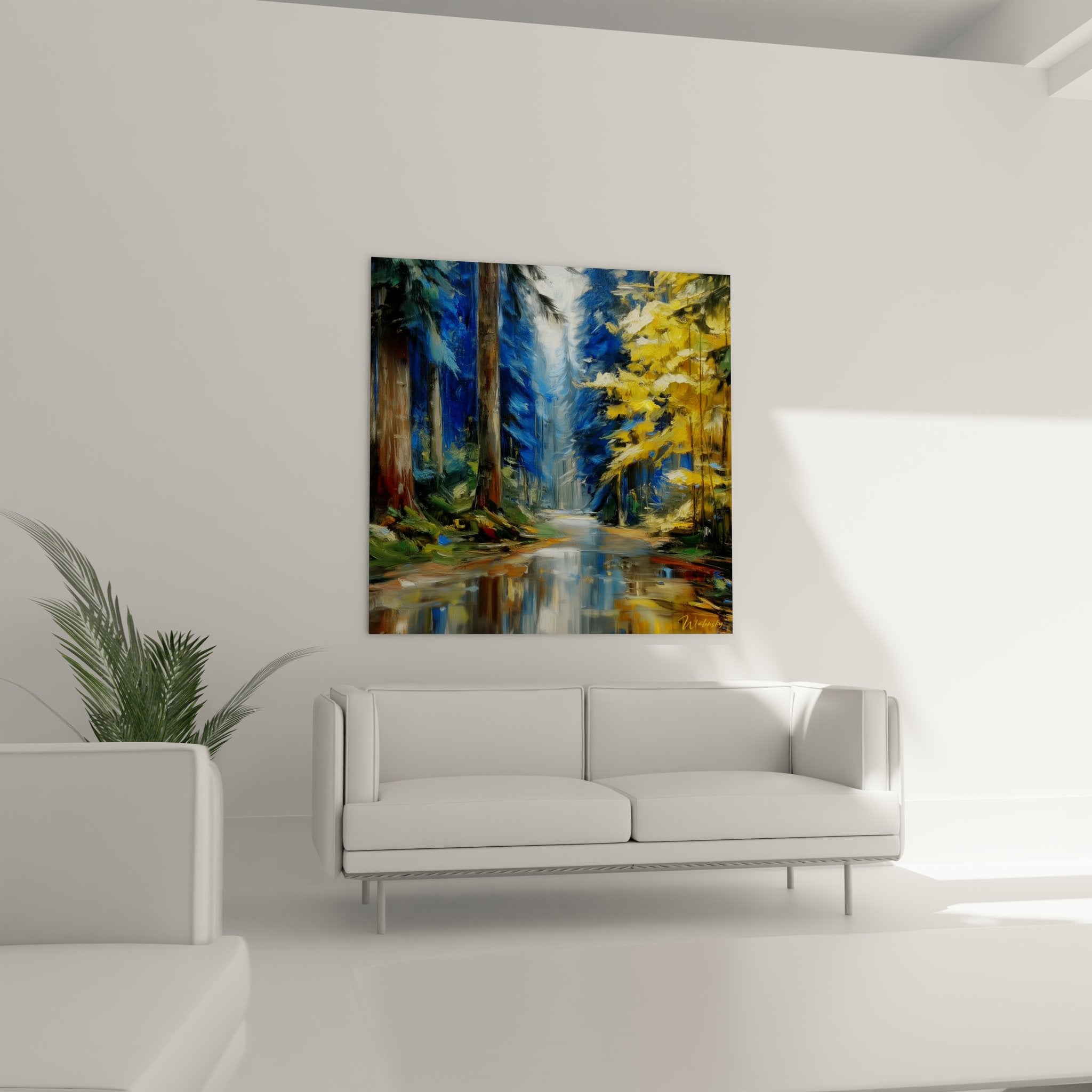Gros plan tableau forêt mystique, détails reflets dorés sur ruisseau et feuillage automnal impressionniste