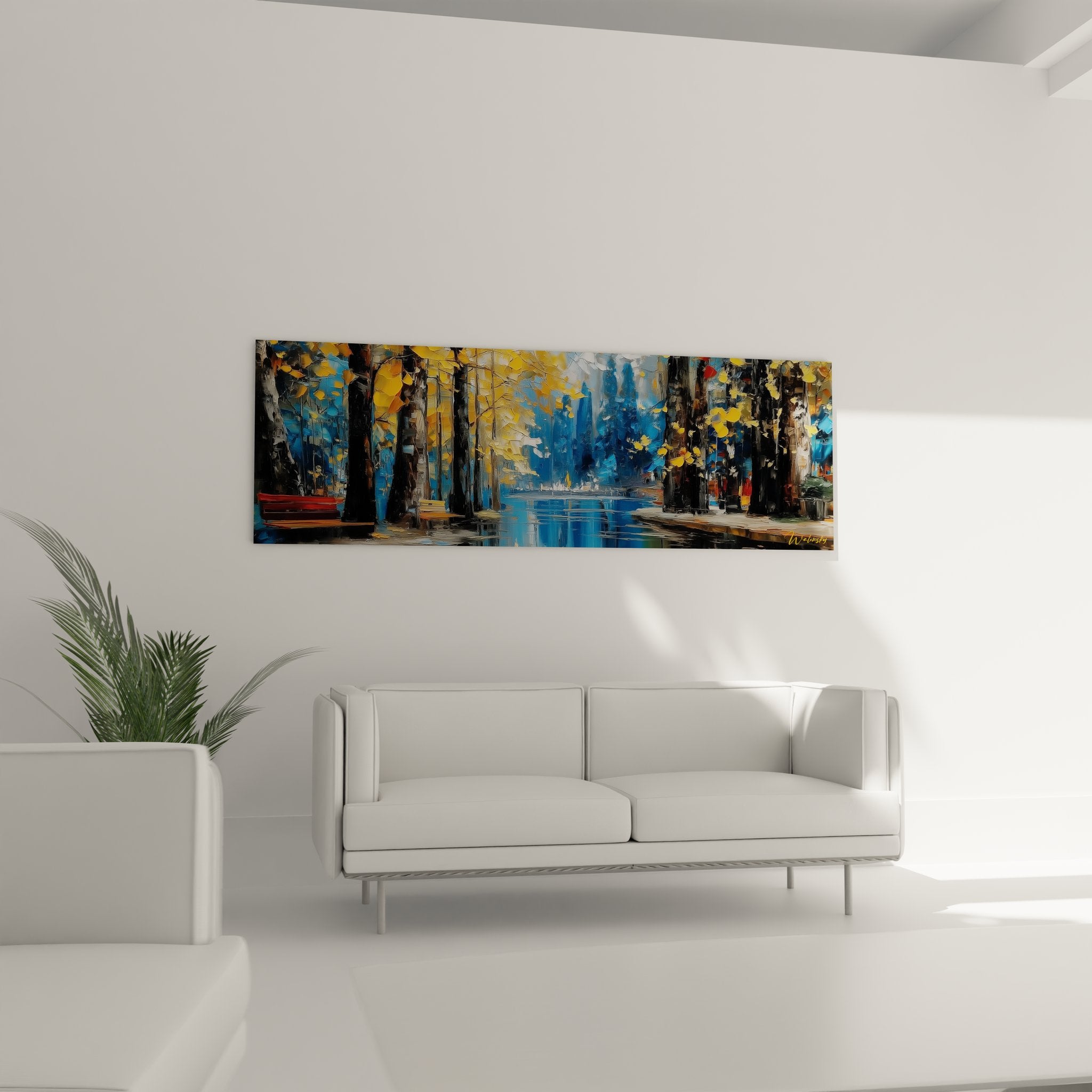 Gros plan tableau forêt urbaine - détails peinture arbres automne et reflets dorés