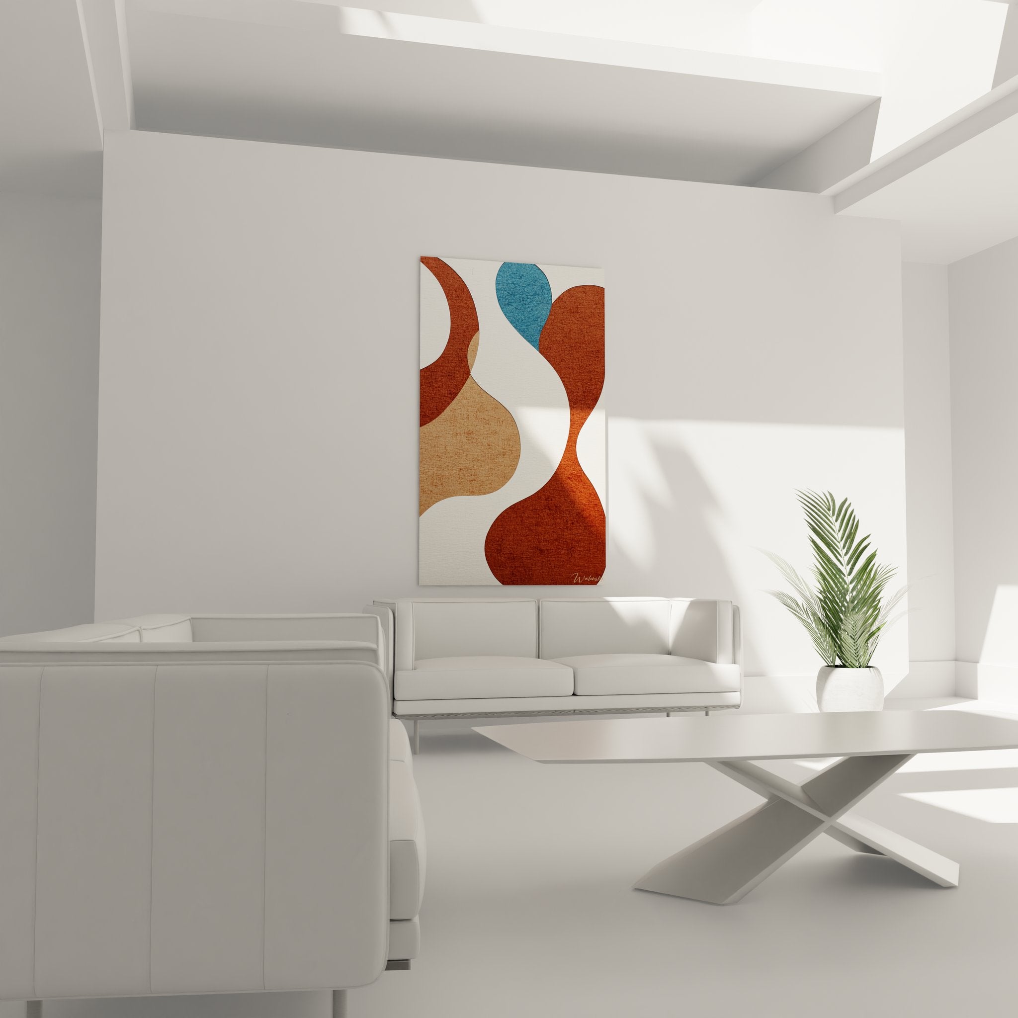 Gros plan tableau abstrait formes organiques textures terre cuite ocre bleu art contemporain