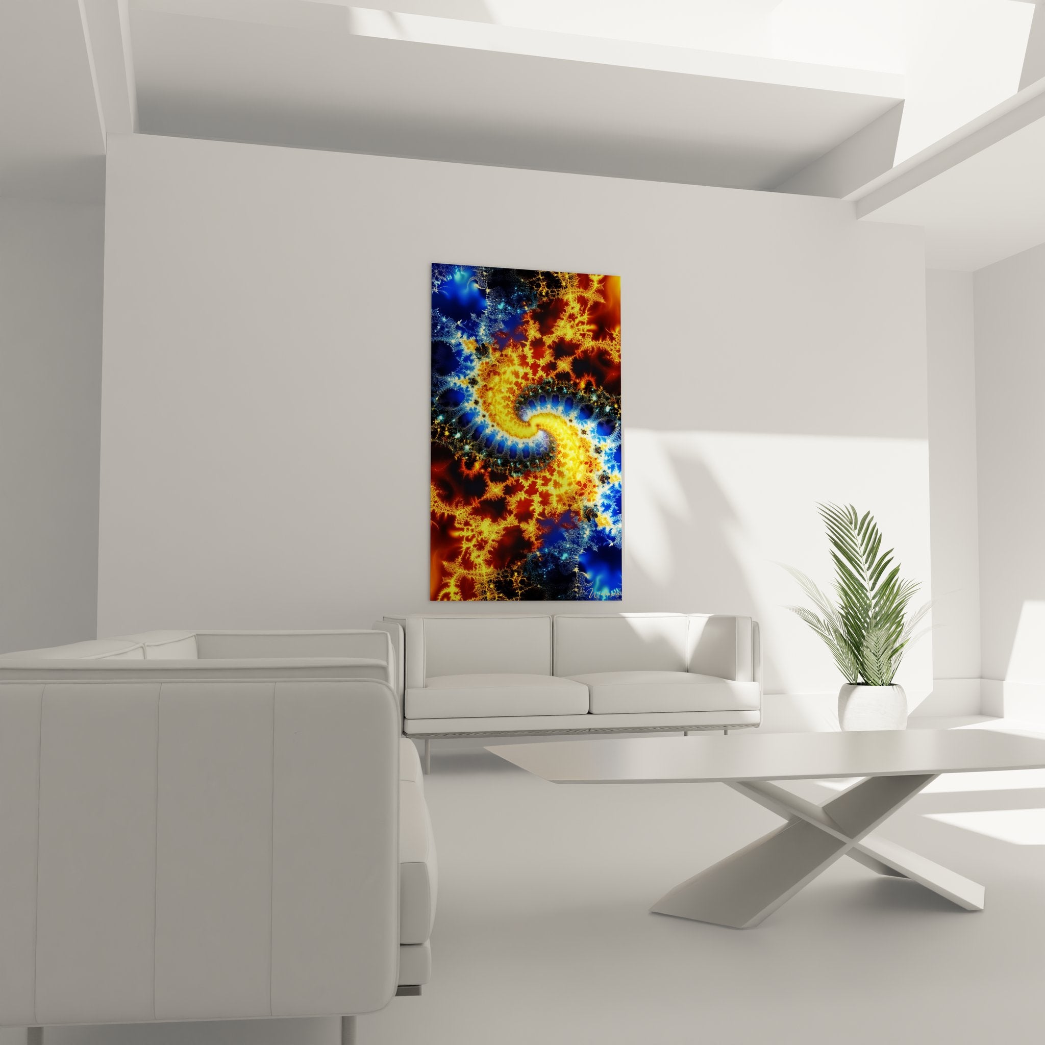 Gros plan détaillé tableau fractale montrant textures cosmiques feu glace