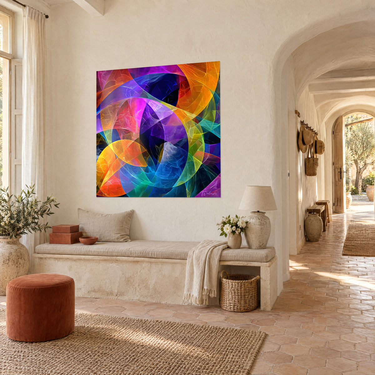 Tableau vitrail abstrait aux arcs superposés jaune soleil et violet profond, vu de biais, mur crème, banquette et couloir voûté