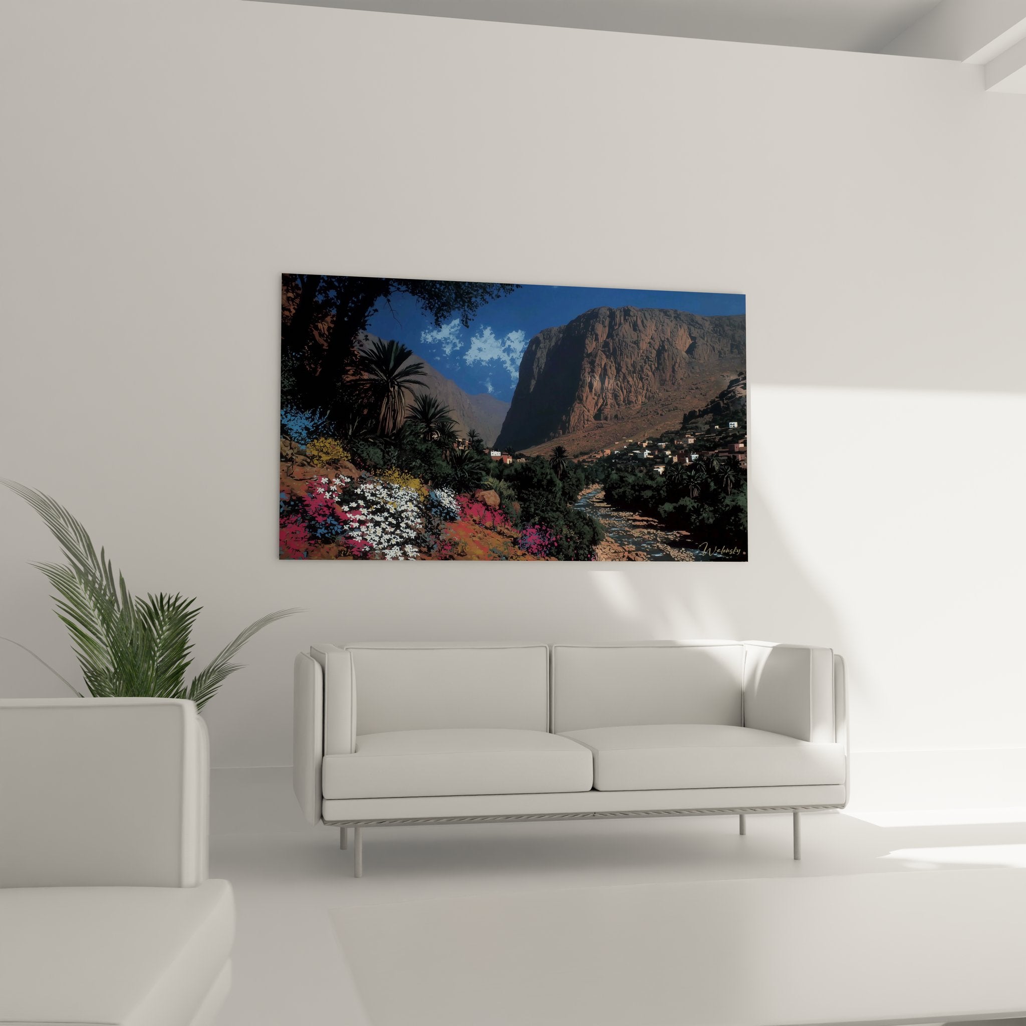 Gros plan tableau gorges canyon oasis détails palmiers et falaises art mural coloré