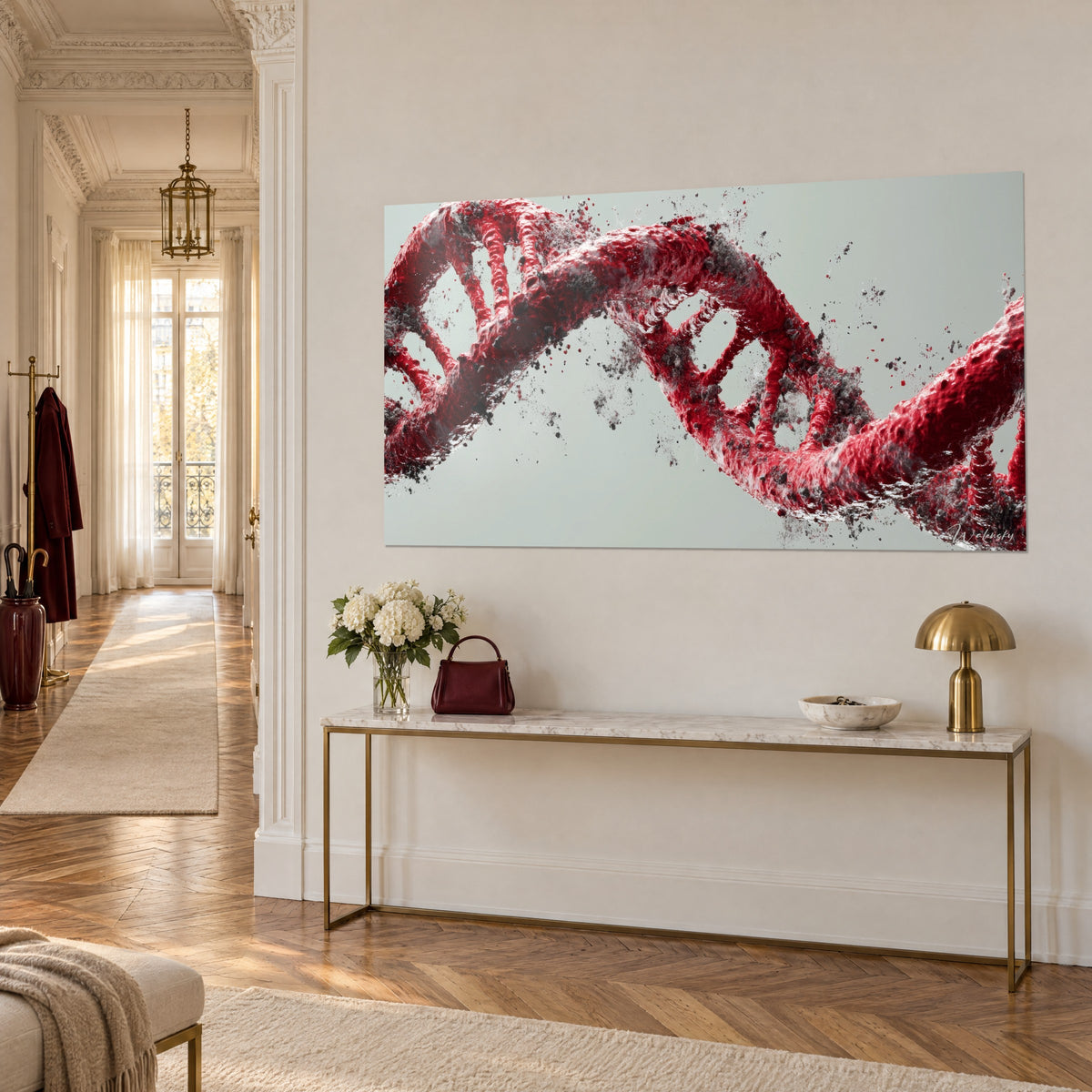 Wall art crimson double-strand genetic structure disintegrating into black shards on a pearl grey background, white wall of a Haussmann hallway