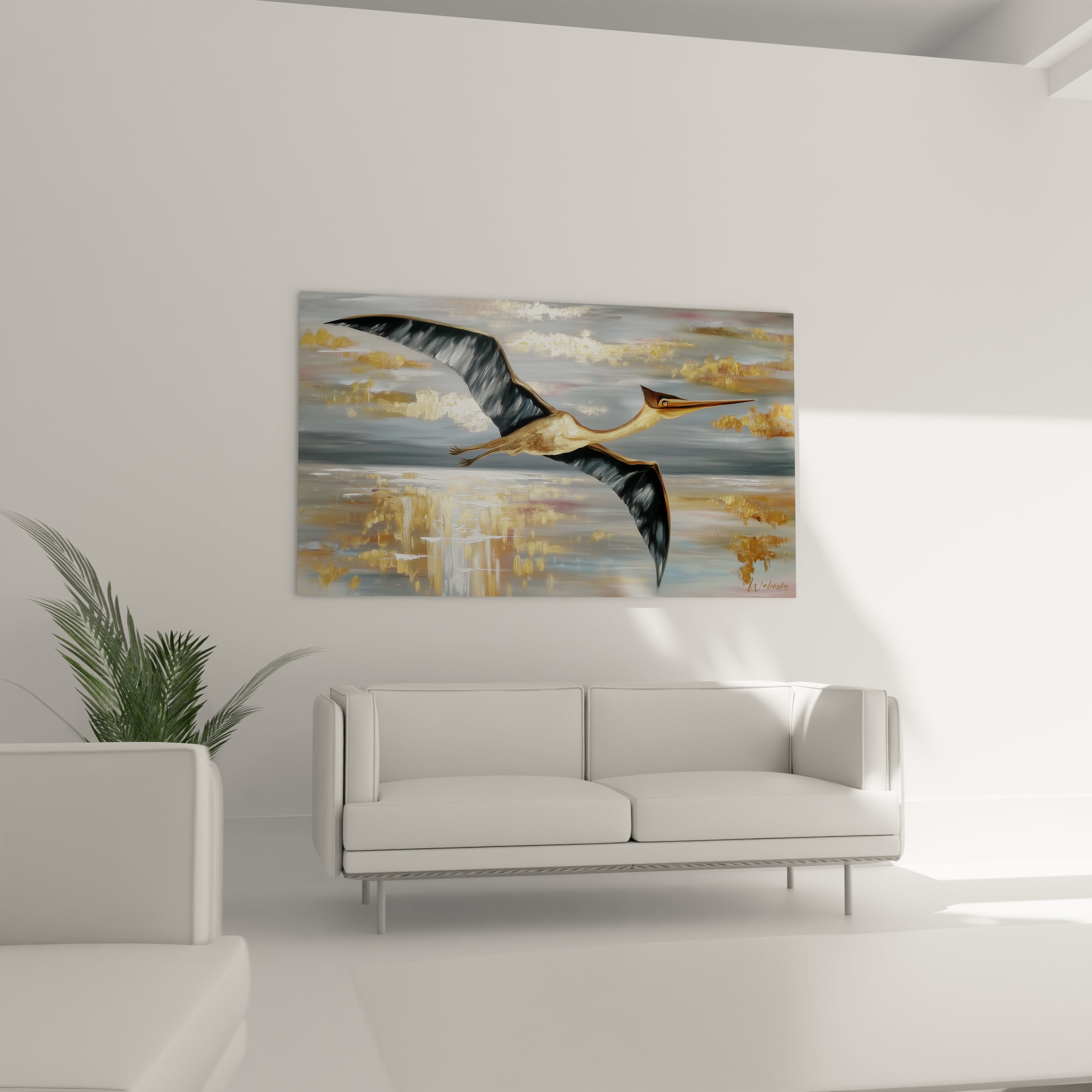 Gros plan détaillé tableau héron vol, plumes dorées et technique picturale raffinée art mural