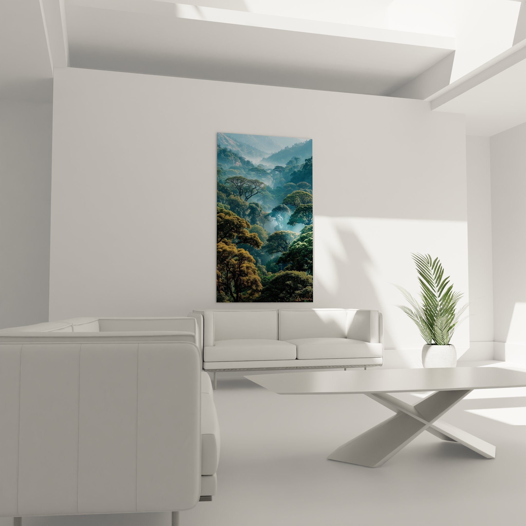 Gros plan tableau jungle mystique, détails arbres tropicaux et brumes dorées