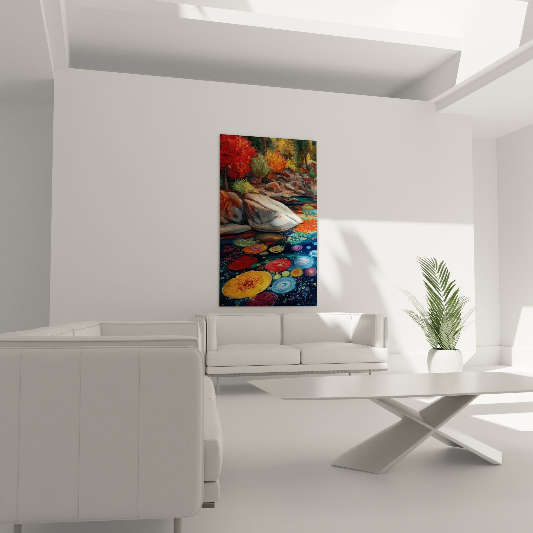 Gros plan tableau lac automne montrant détails reflets colorés dans l'eau et technique picturale raffinée