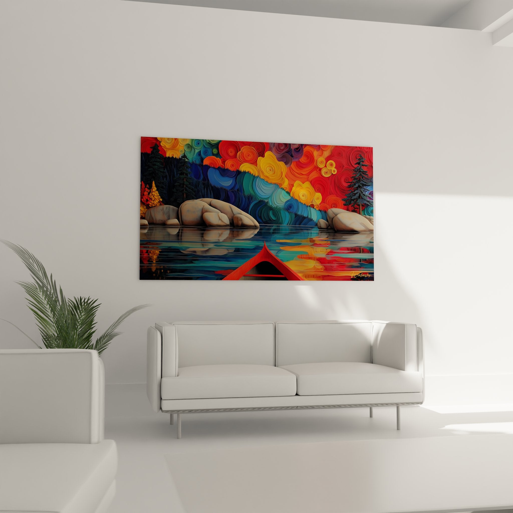 Gros plan tableau lac automne montrant détails reflets colorés et technique artistique abstraite