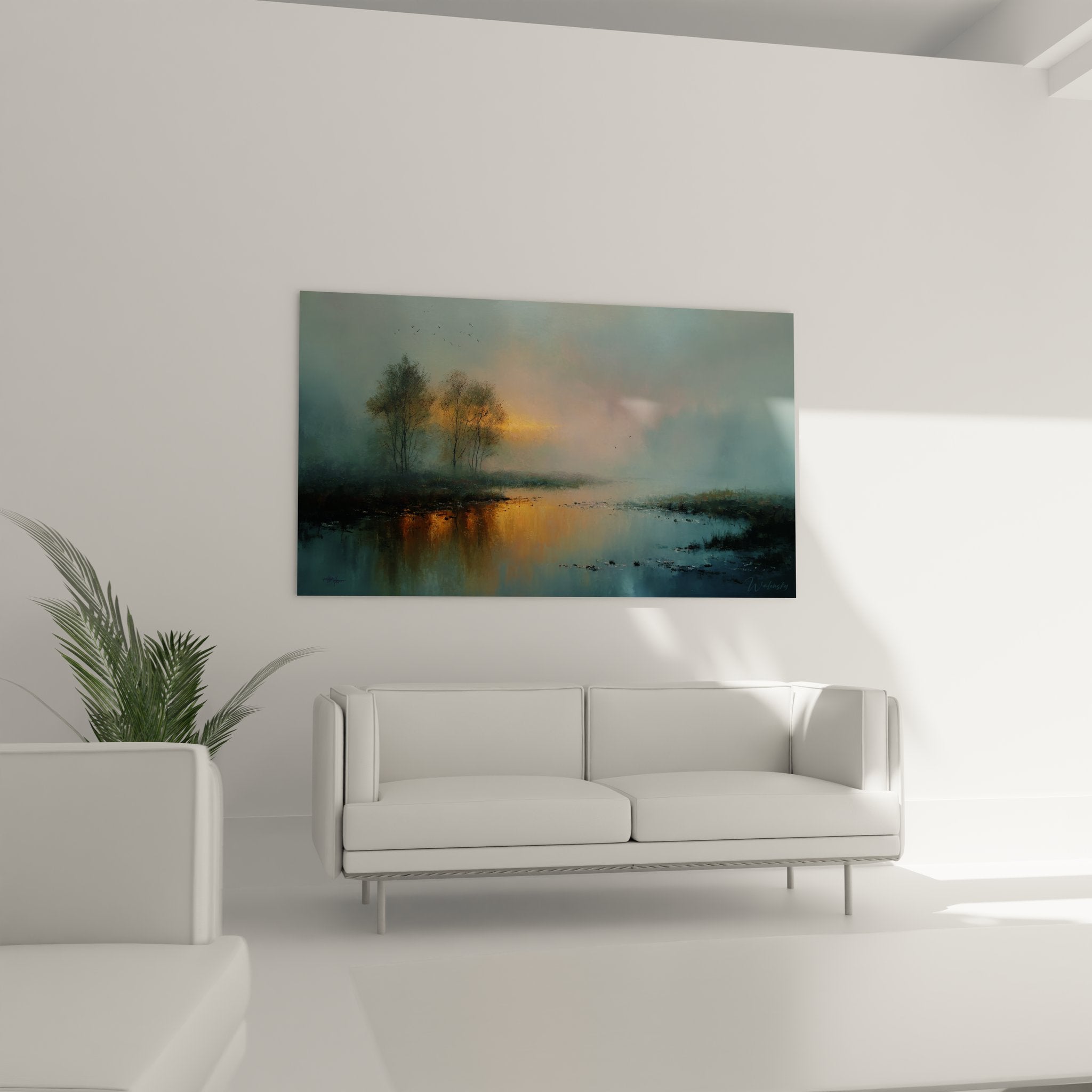 Détail gros plan tableau paysage lac montrant reflets dorés eau et végétation aquatique brumeuse