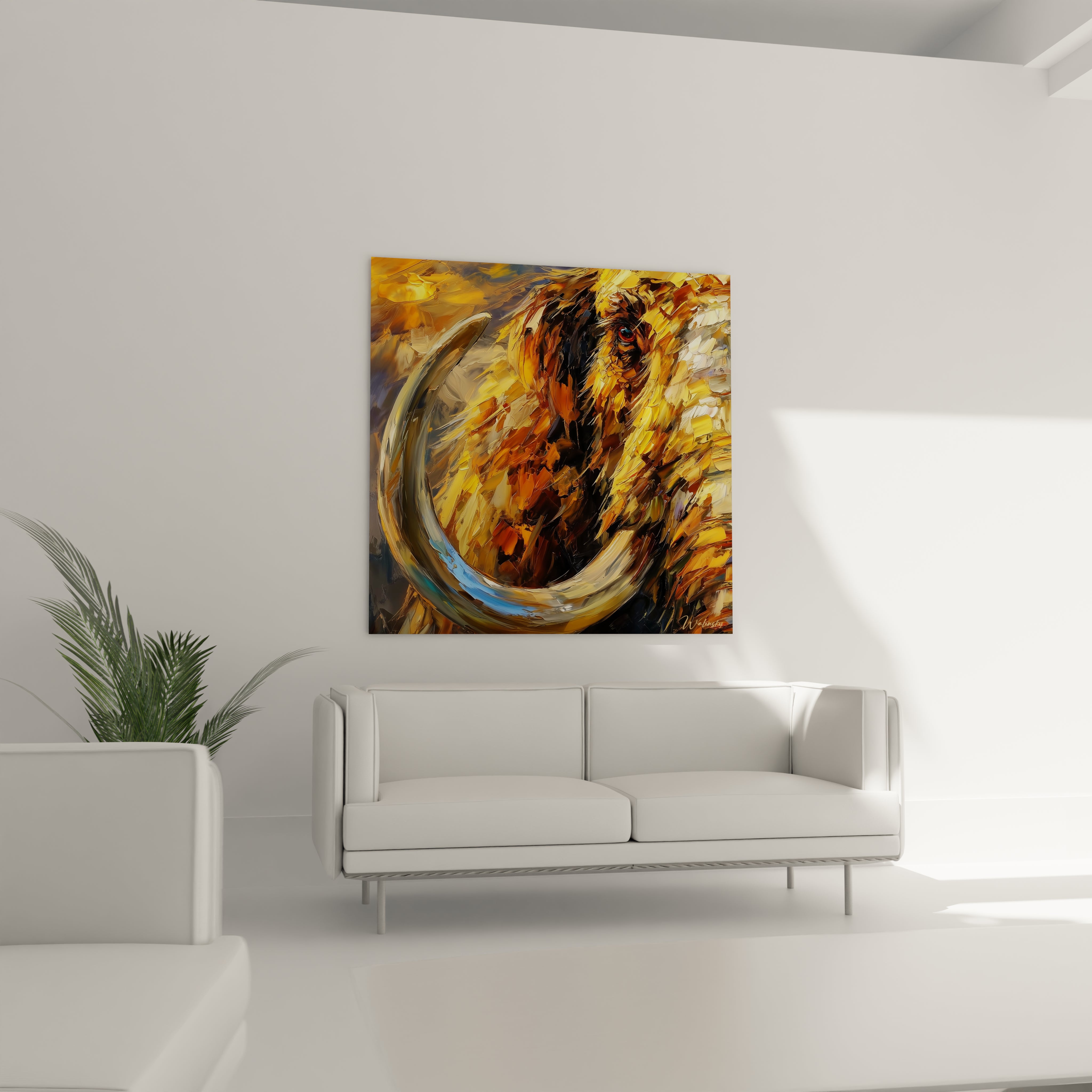 Gros plan tableau mammouth laineux, détails peinture défenses courbées et regard intense animal préhistorique